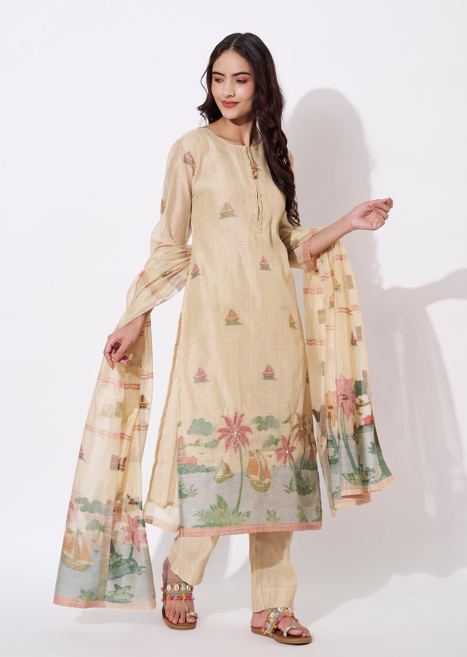 Dart Beige Chanderi Straight cut suit
