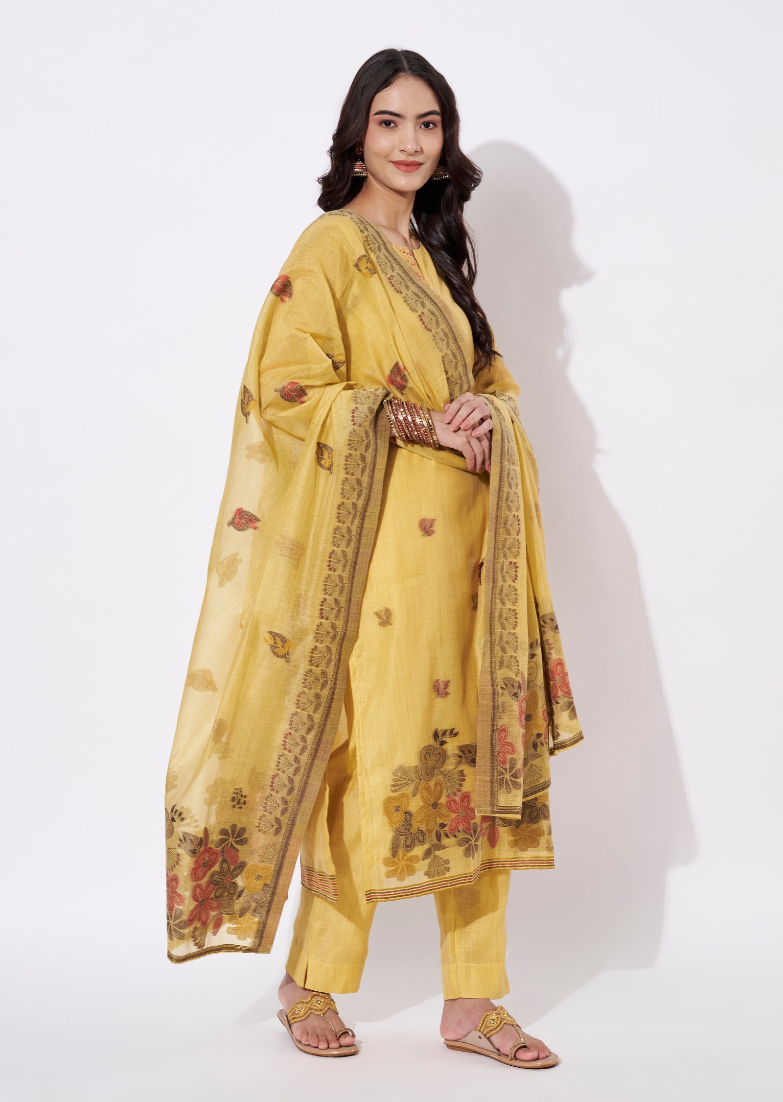 Yellow Chanderi Straight cut suit