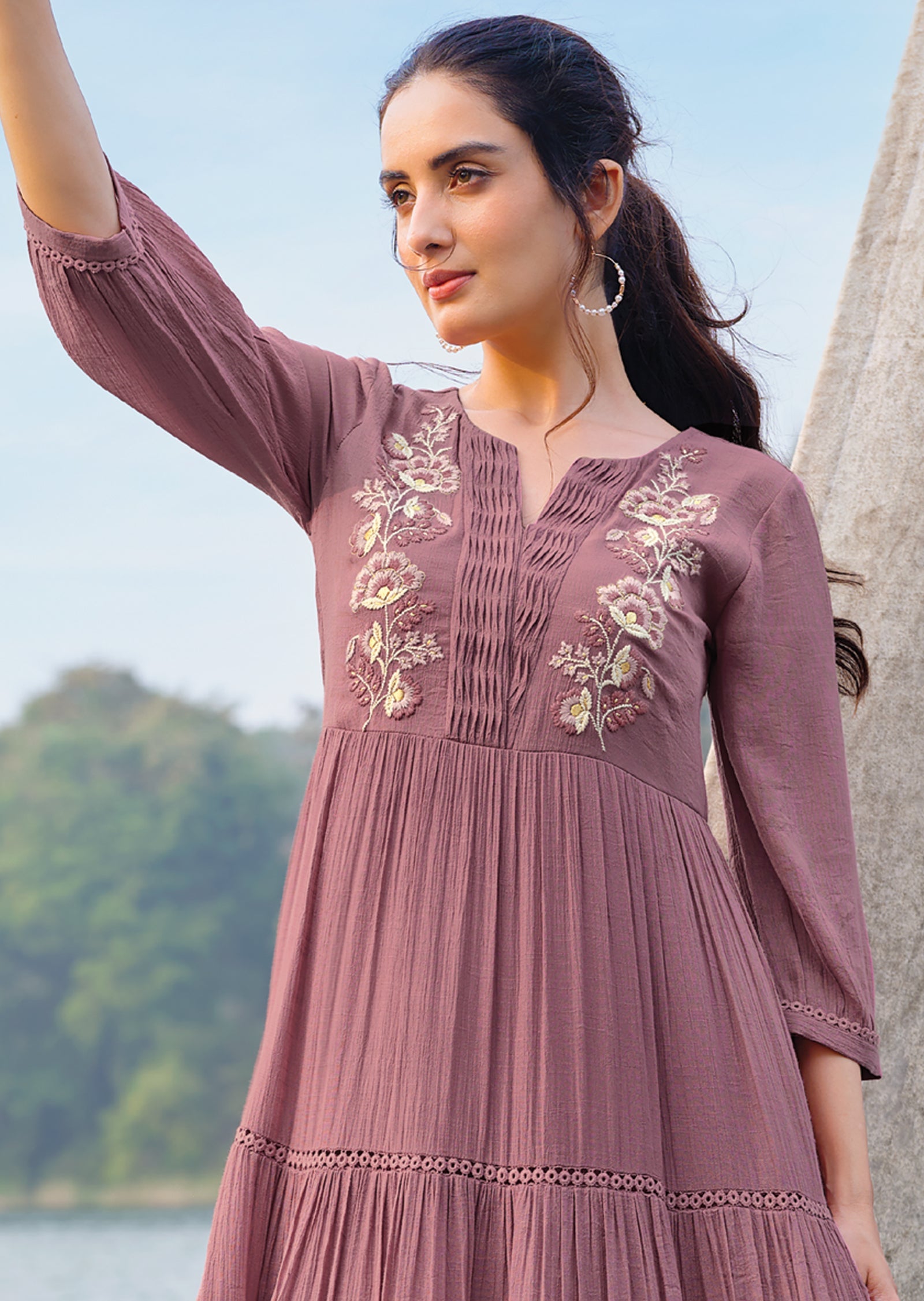 Dark Onion Pink Linen Georgette Frock Kurti