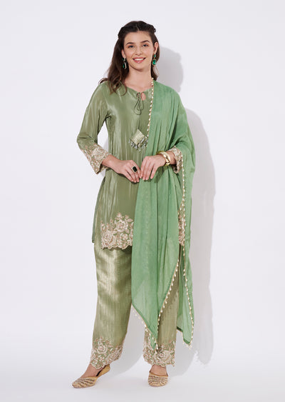 Dusty Green Silk Straight cut Suit