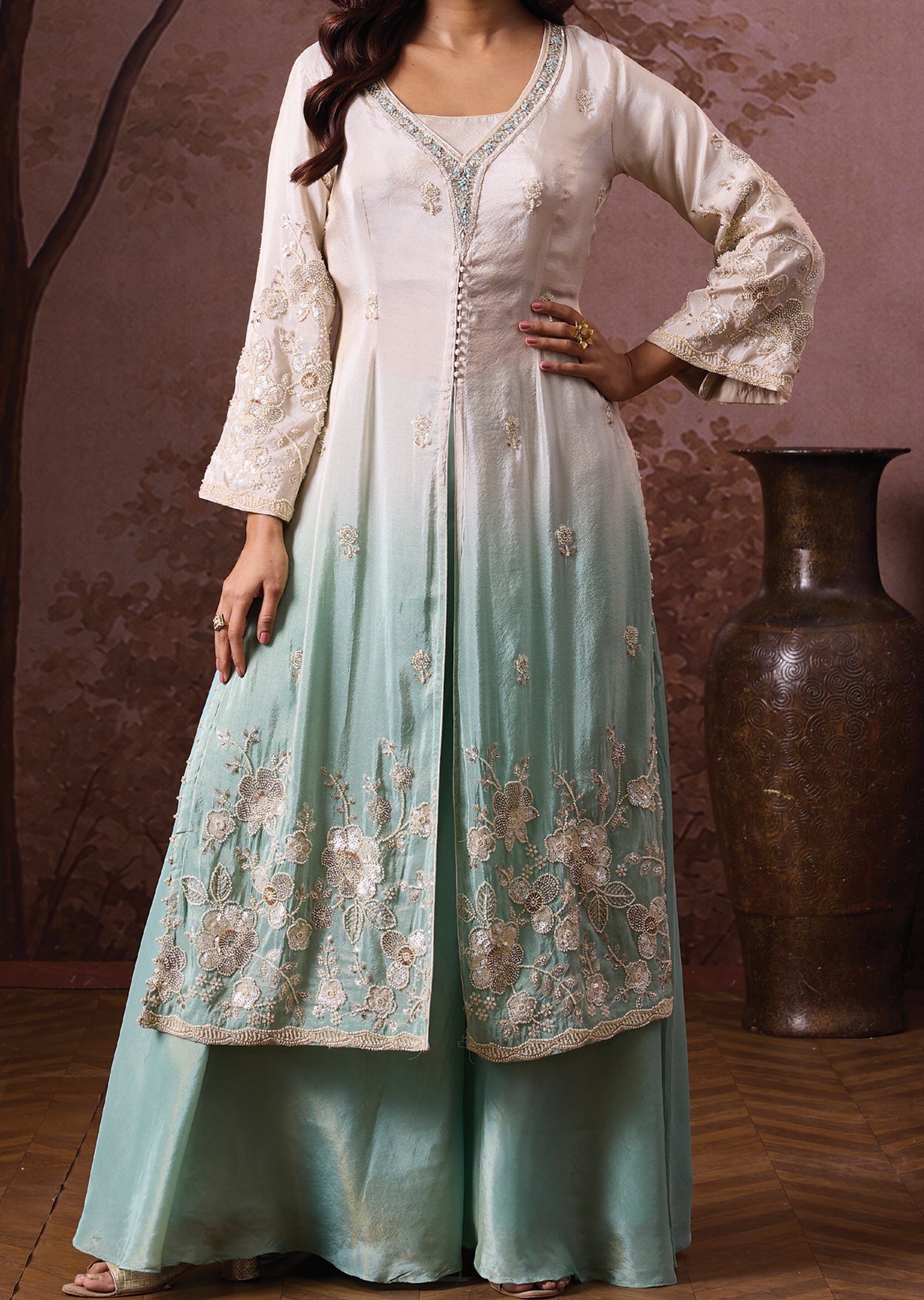 Cream Tissue Indowestern Set