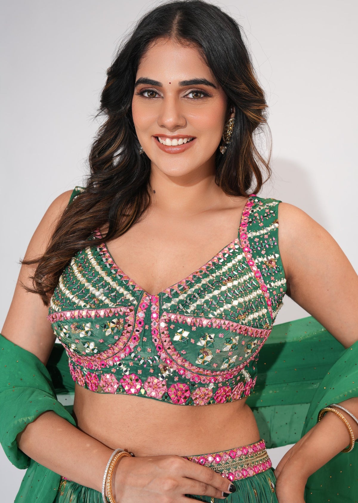 Green Silk Crop top Set