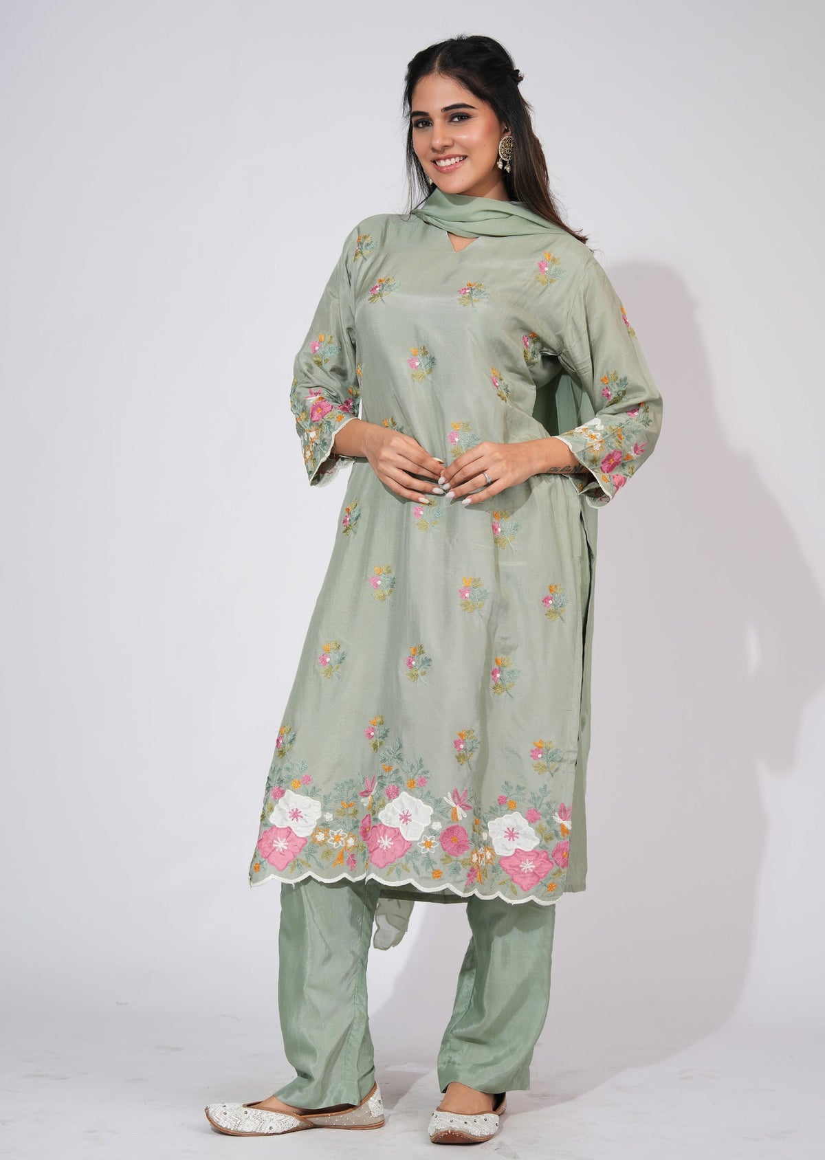 Light Green Silk Straight cut suit
