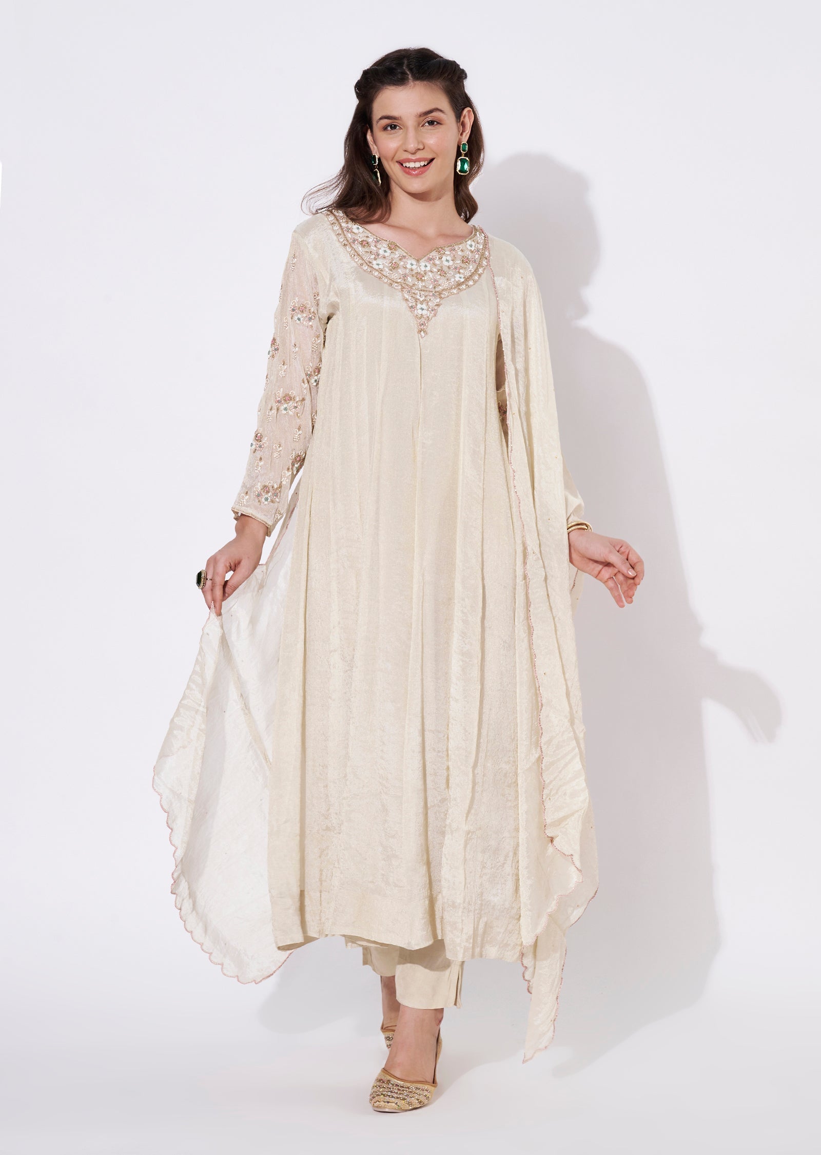 Two toned Cream Tissue Anarkali Suit