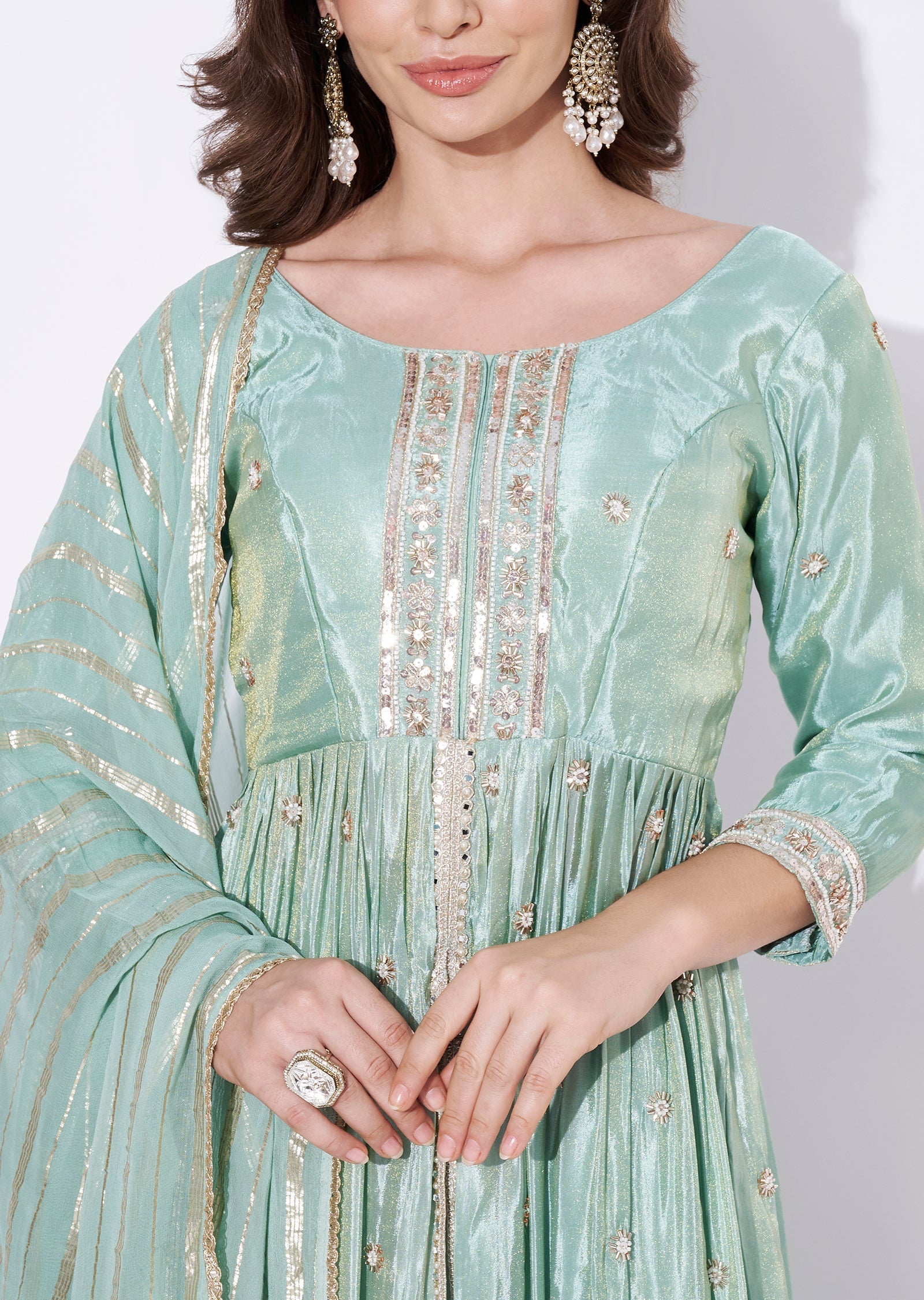 Sea Green Tissue Anarkali Suit