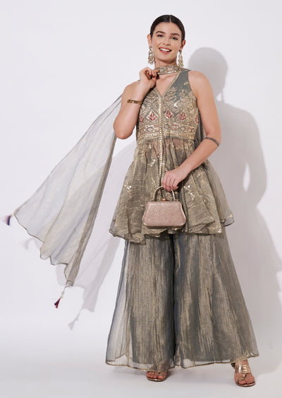 Dusty Green Tissue Sharara Set