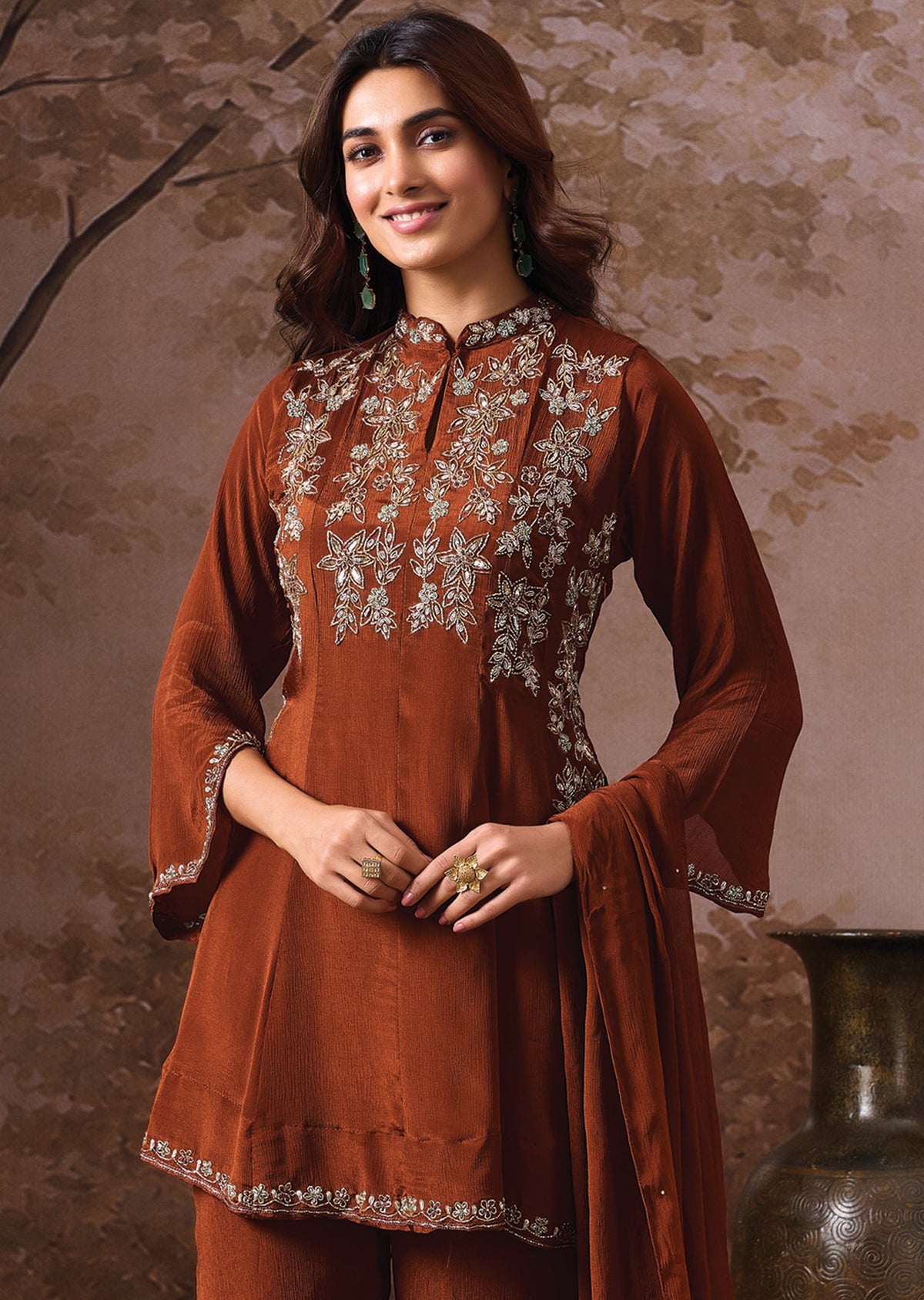 Brwon Chinnon Anarkali Suit