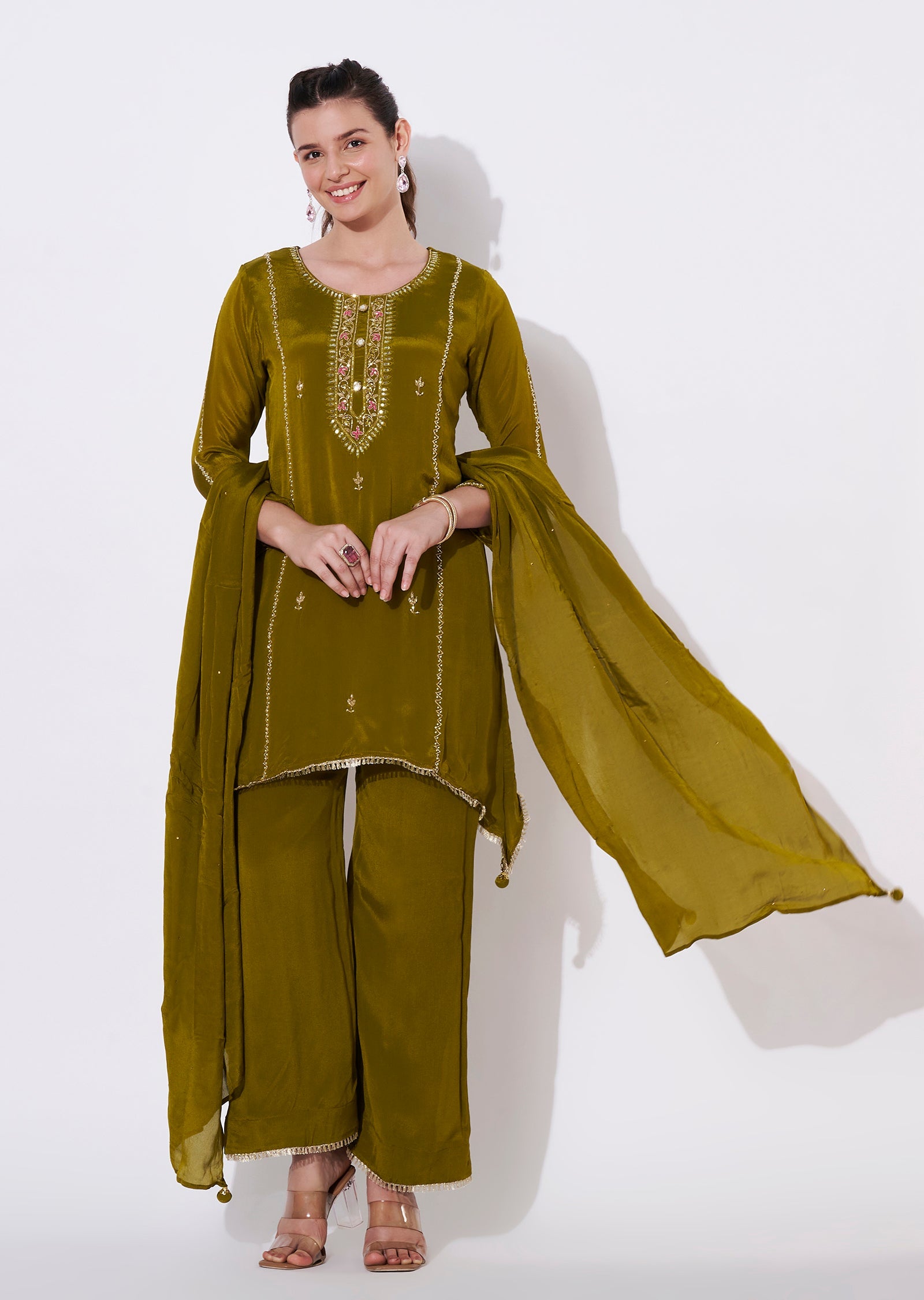 Mehndi Green Chinnon Anarkali Suit