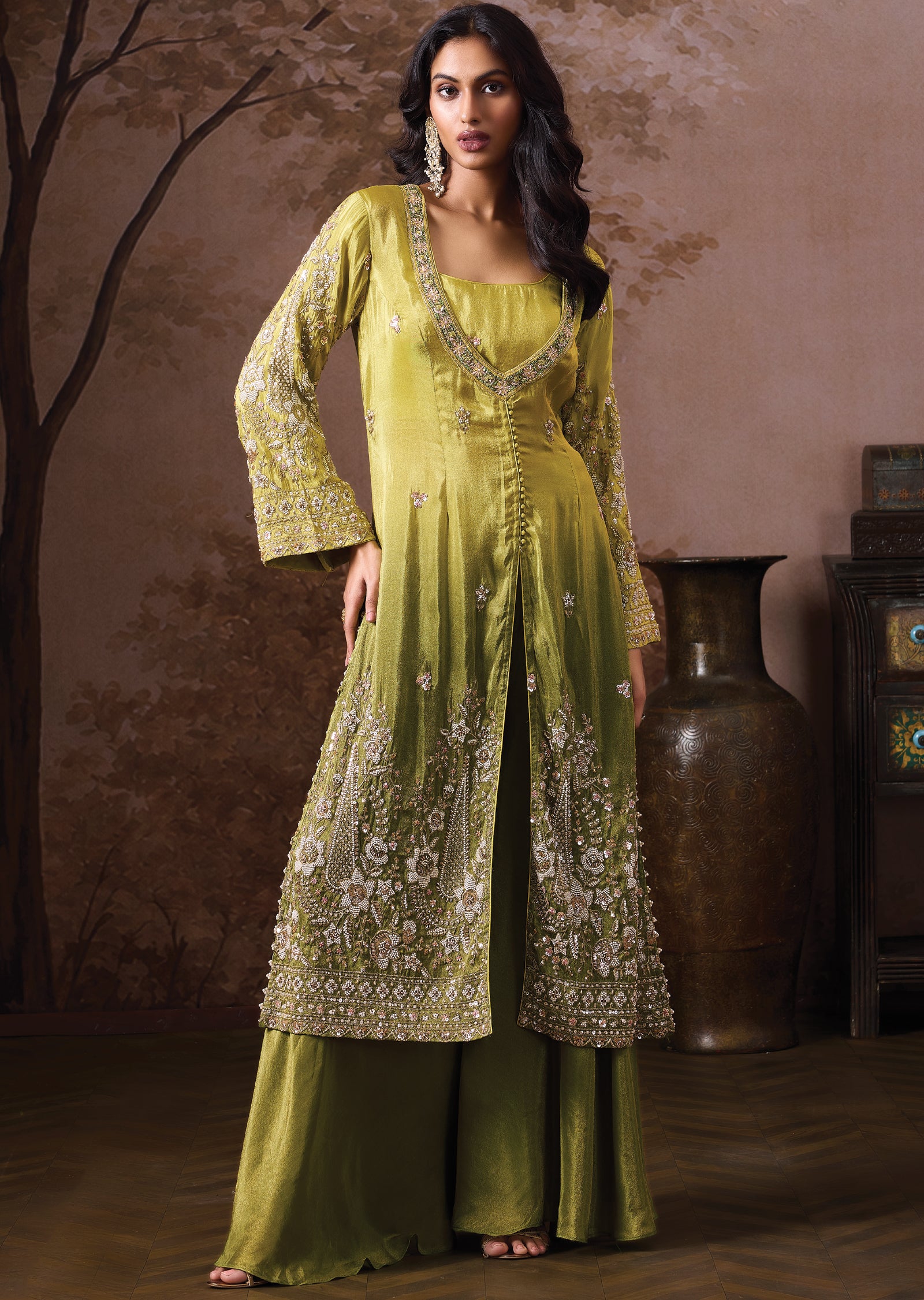 Green Tissue Indowestern Set