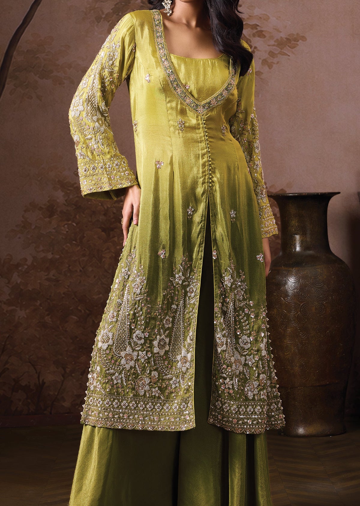 Green Tissue Indowestern Set