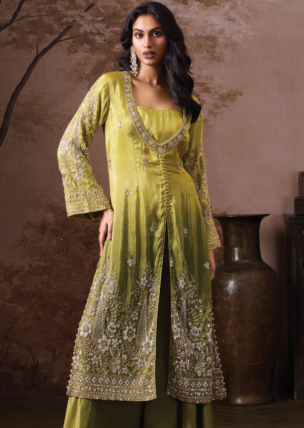 Green Tissue Indowestern Set
