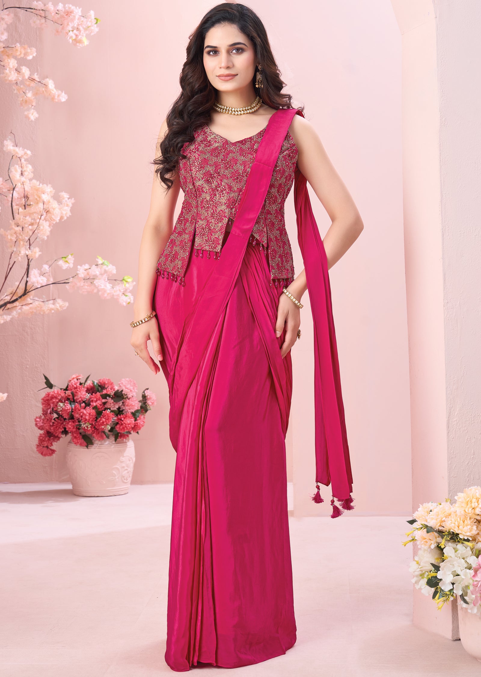 Pink Crepe Drape Saree
