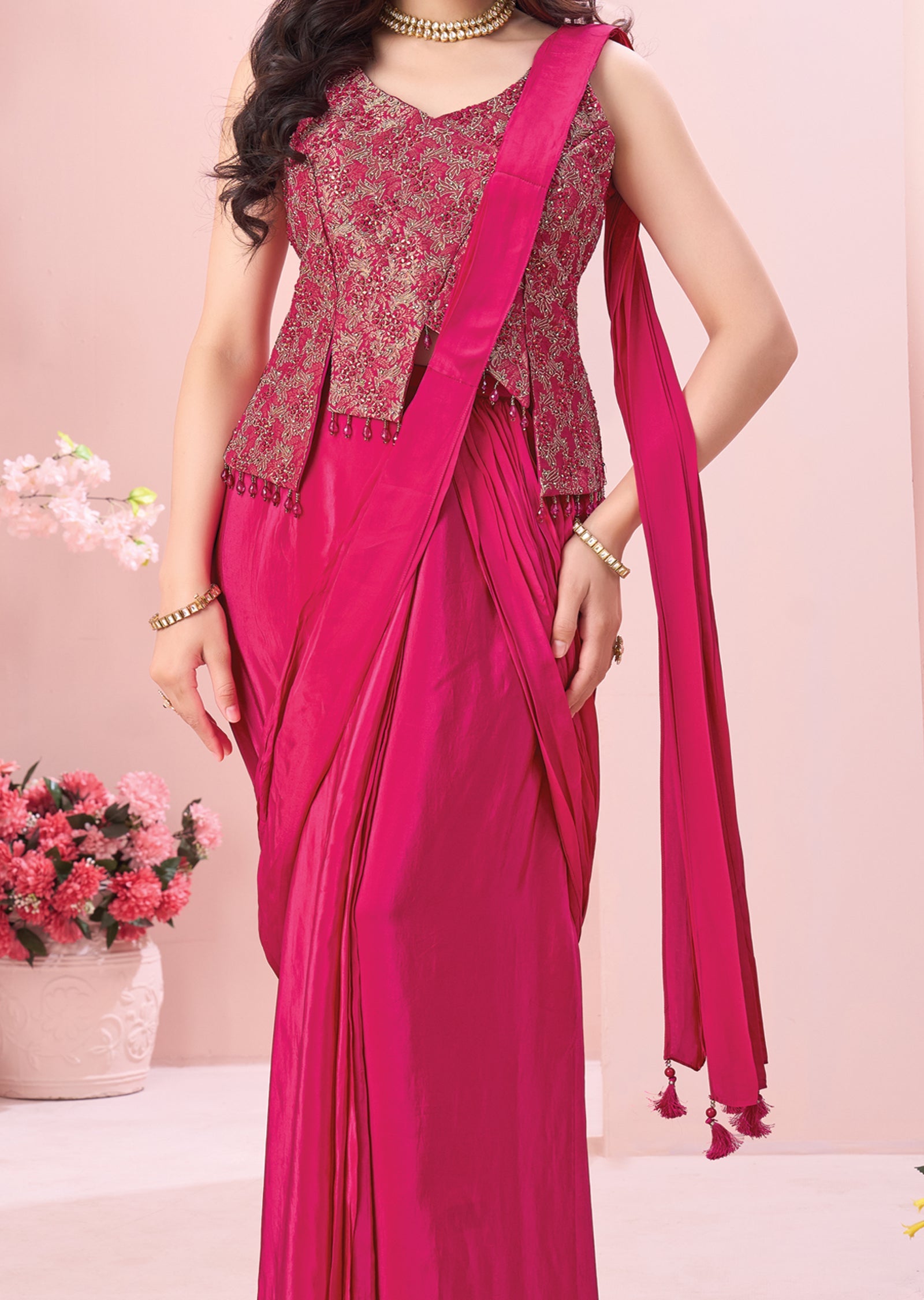 Pink Crepe Drape Saree