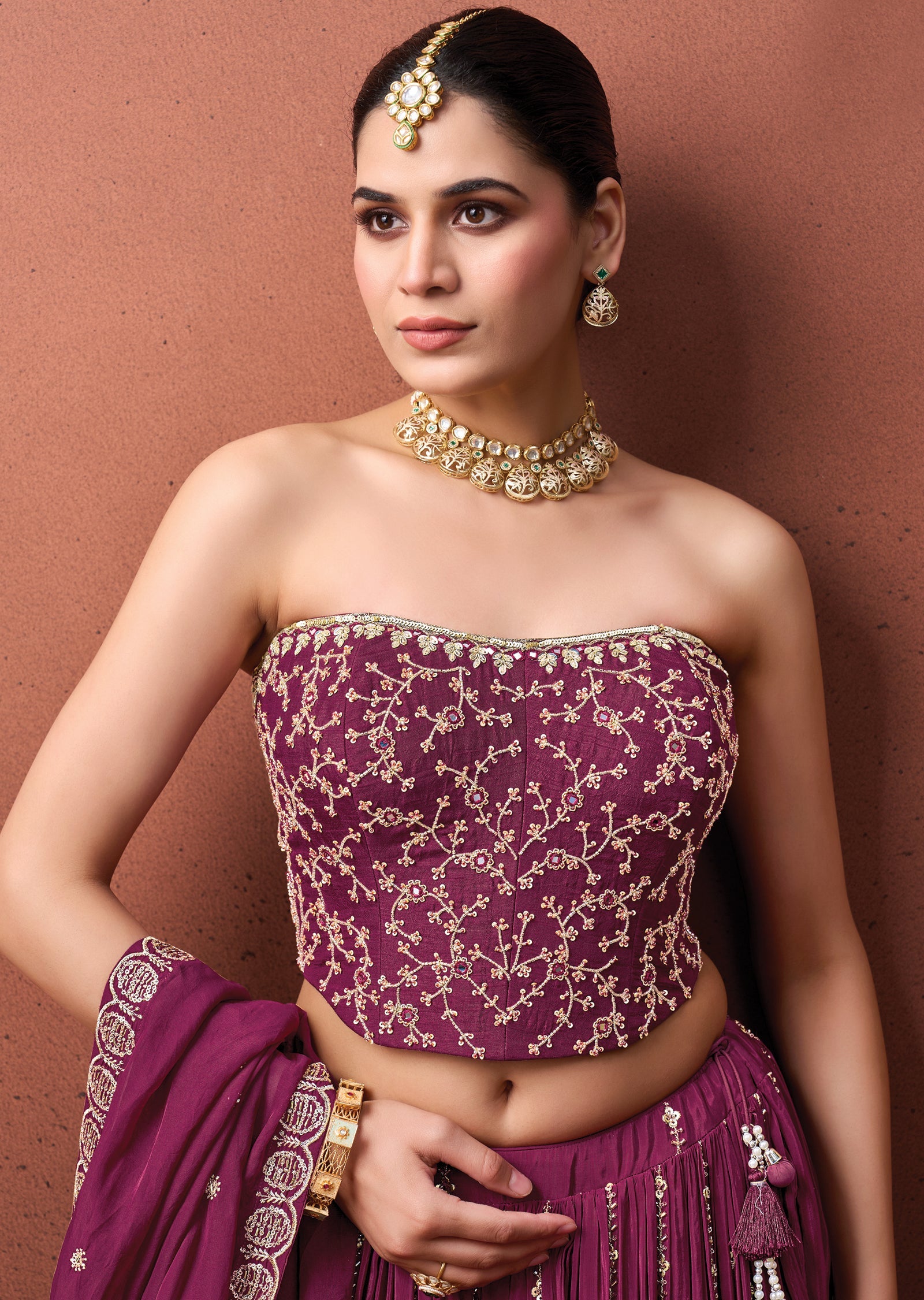 Magenta Silk Corset Lehenga