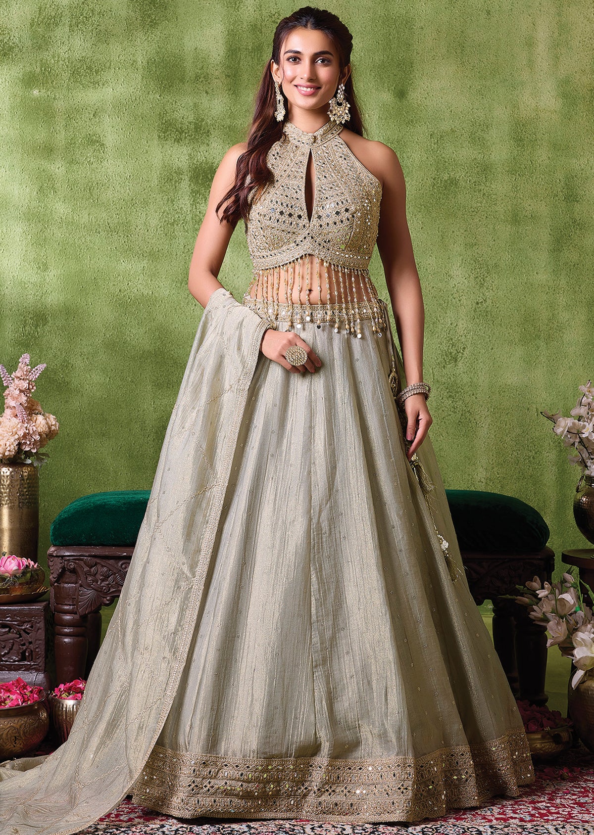 Grey Tissue Lehenga Set