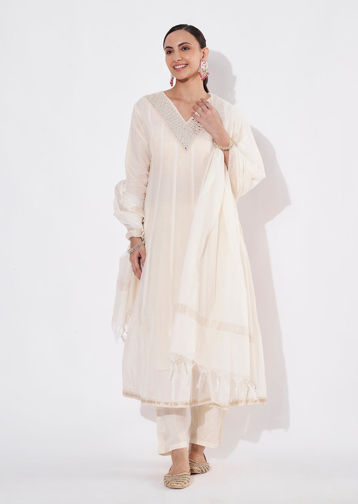 Cream Chanderi Straight cut suit