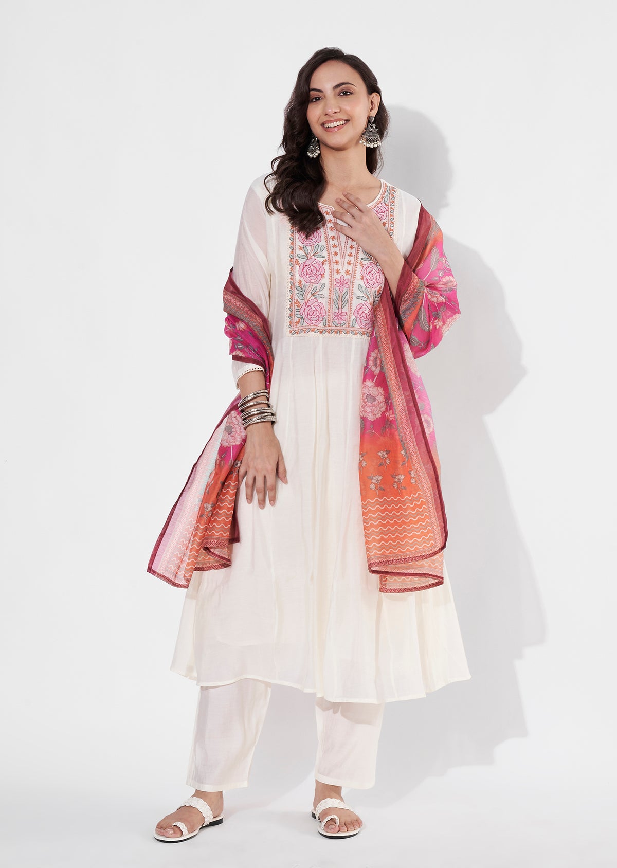 Cream & pink Chanderi Anarkali suit