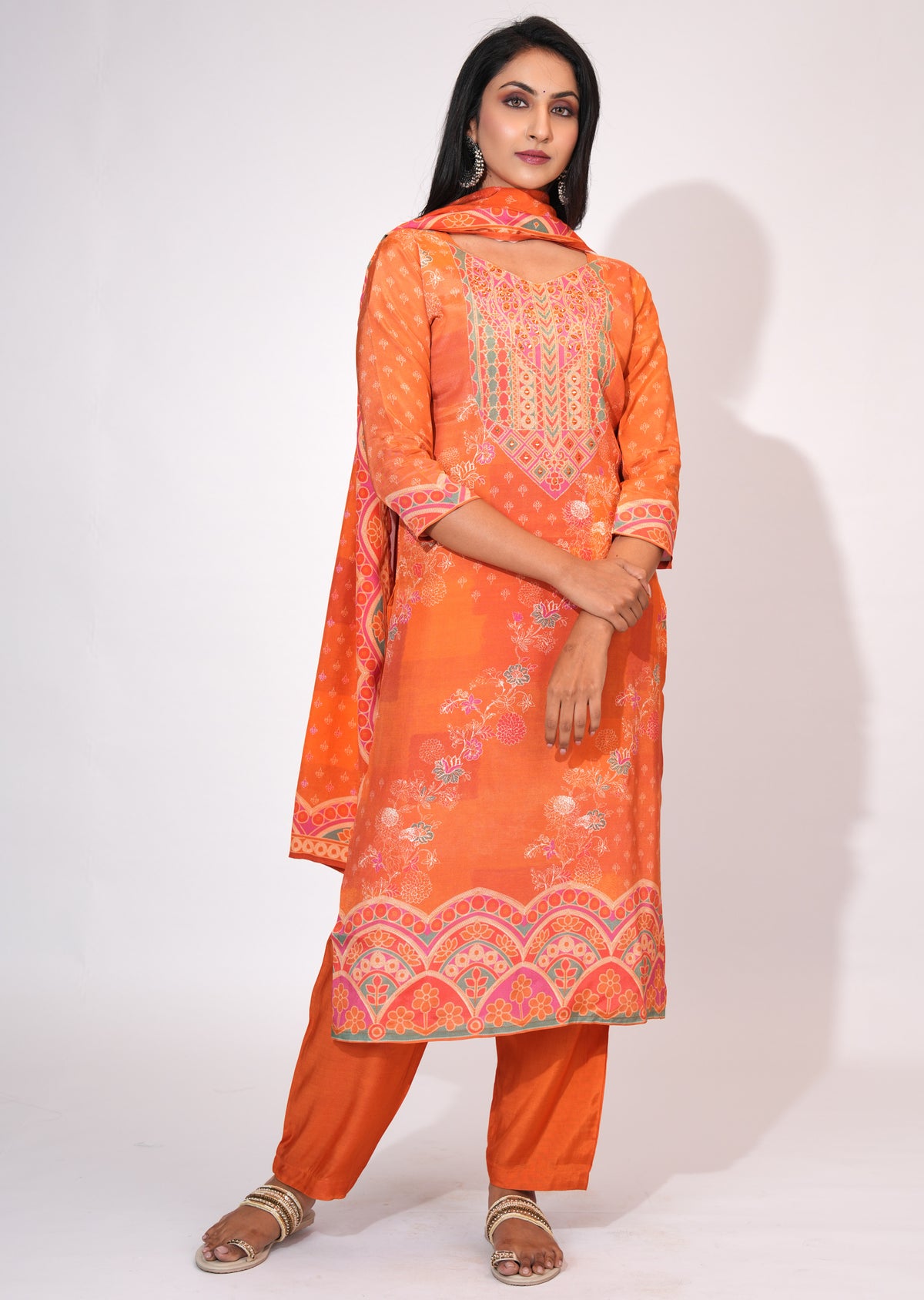Orange Muslin Straight cut suit