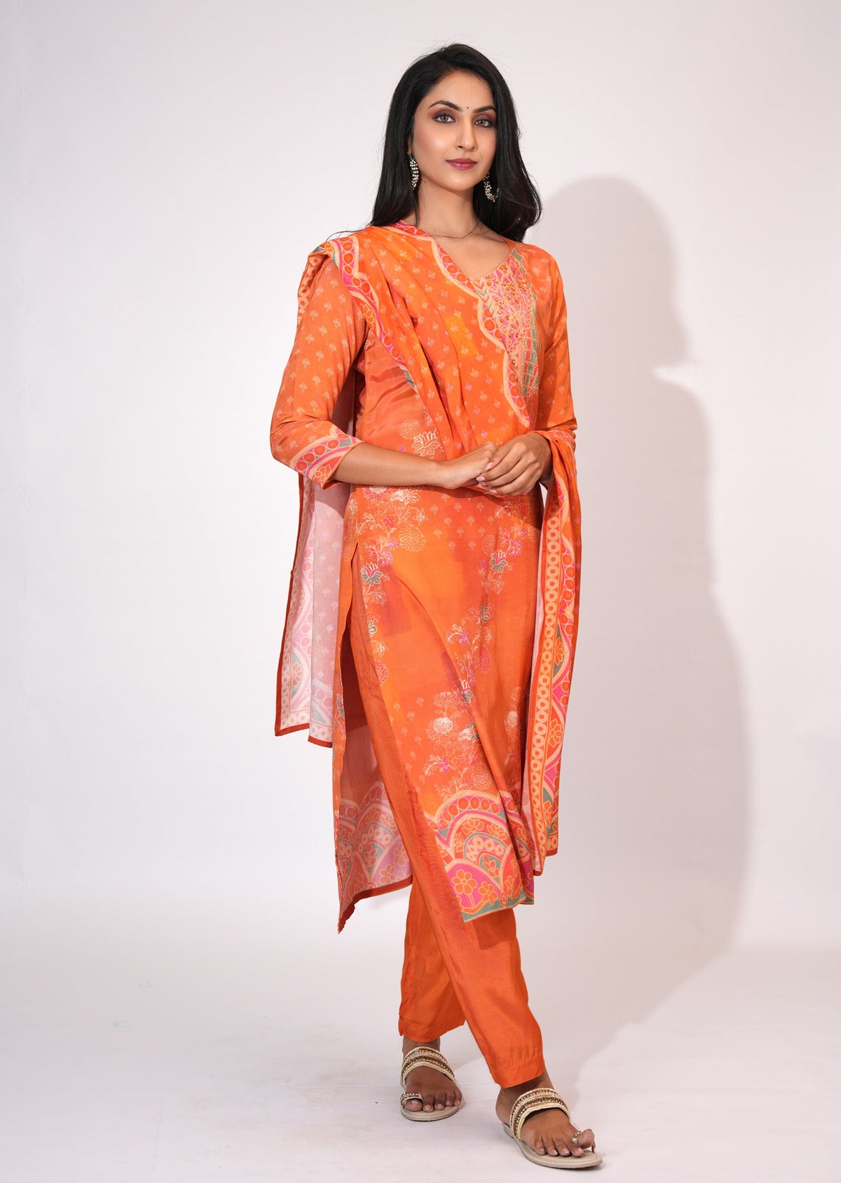 Orange Muslin Straight cut suit