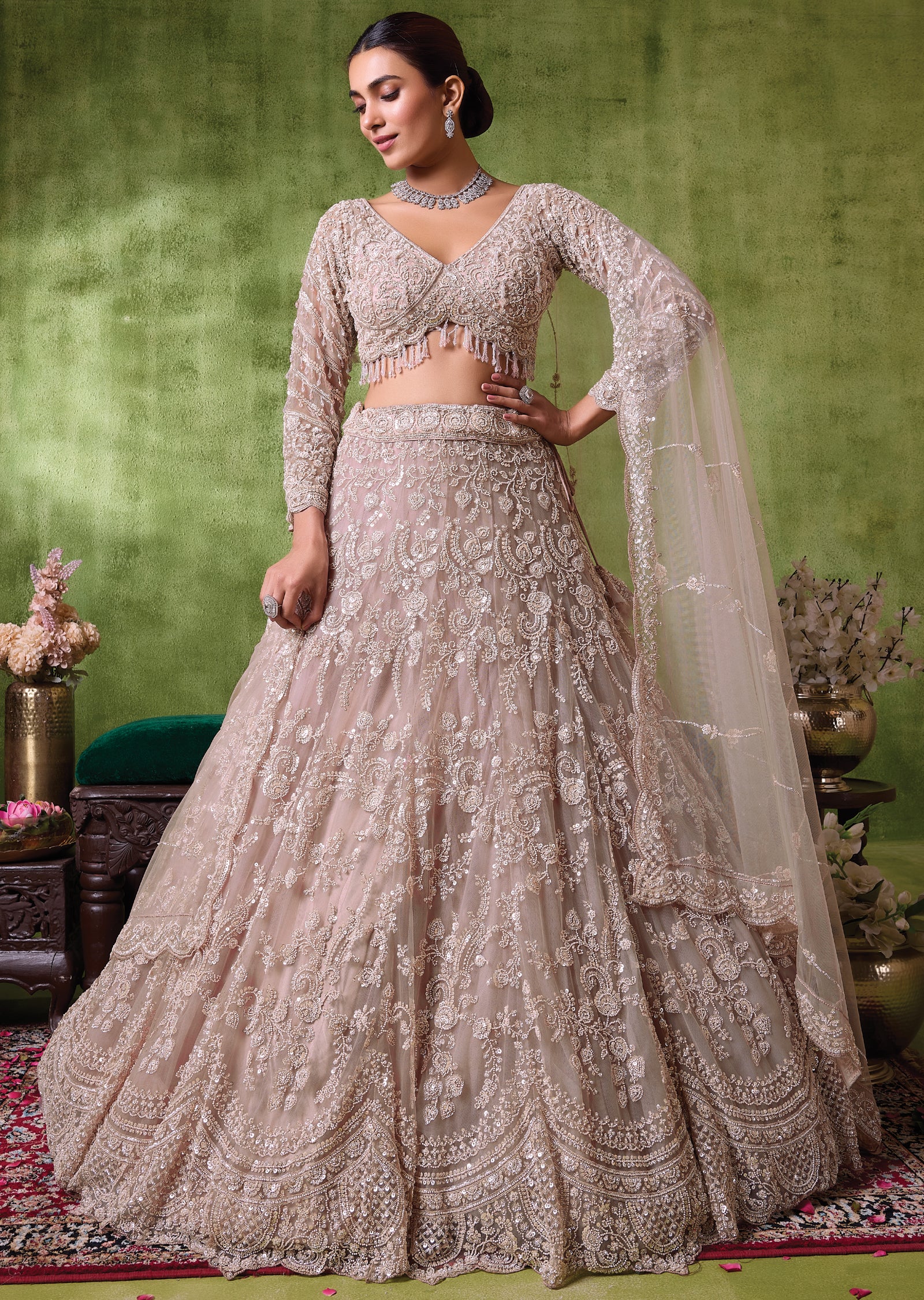 Beige Net Lehenga Set