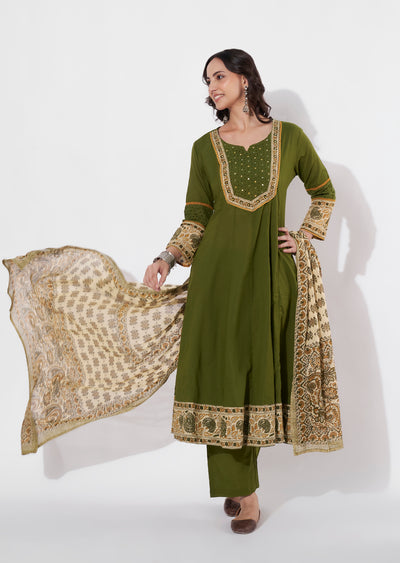 Mehndi Green Cotton Anarkali suit