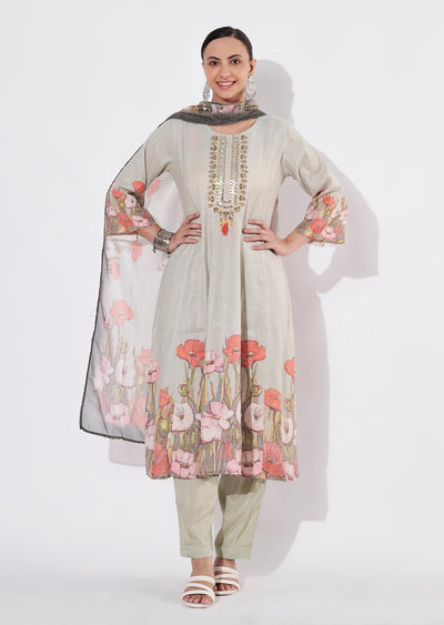 Pista Green Linen Cotton Anarkali suit