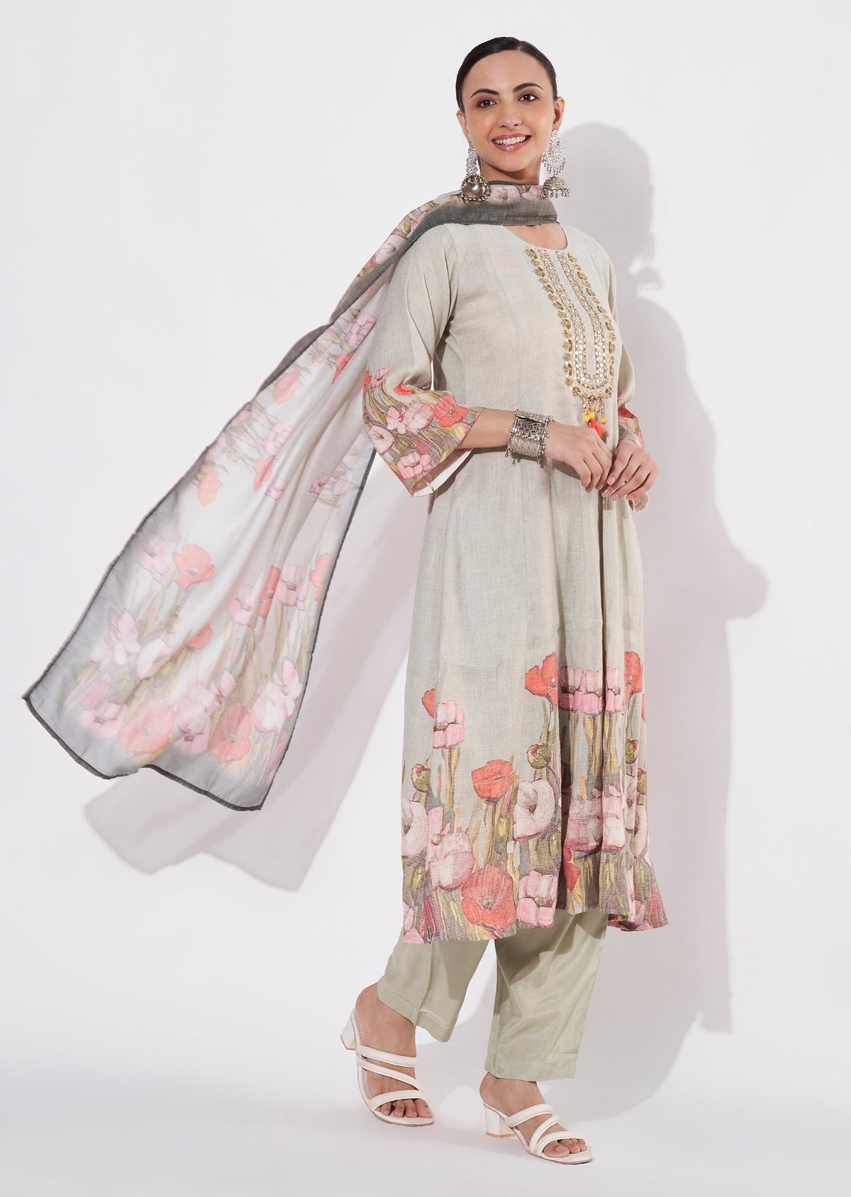 Pista Green Linen Cotton Anarkali suit
