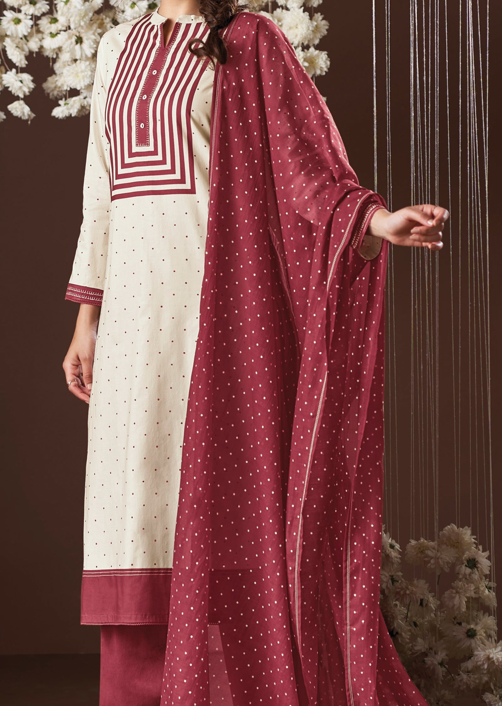 Cream & Maroon Cotton Straight cut suit