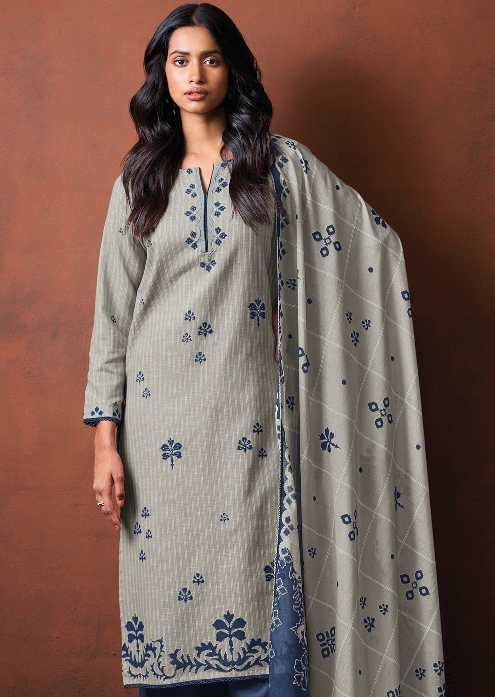 Grey Cotton Straight cut suit