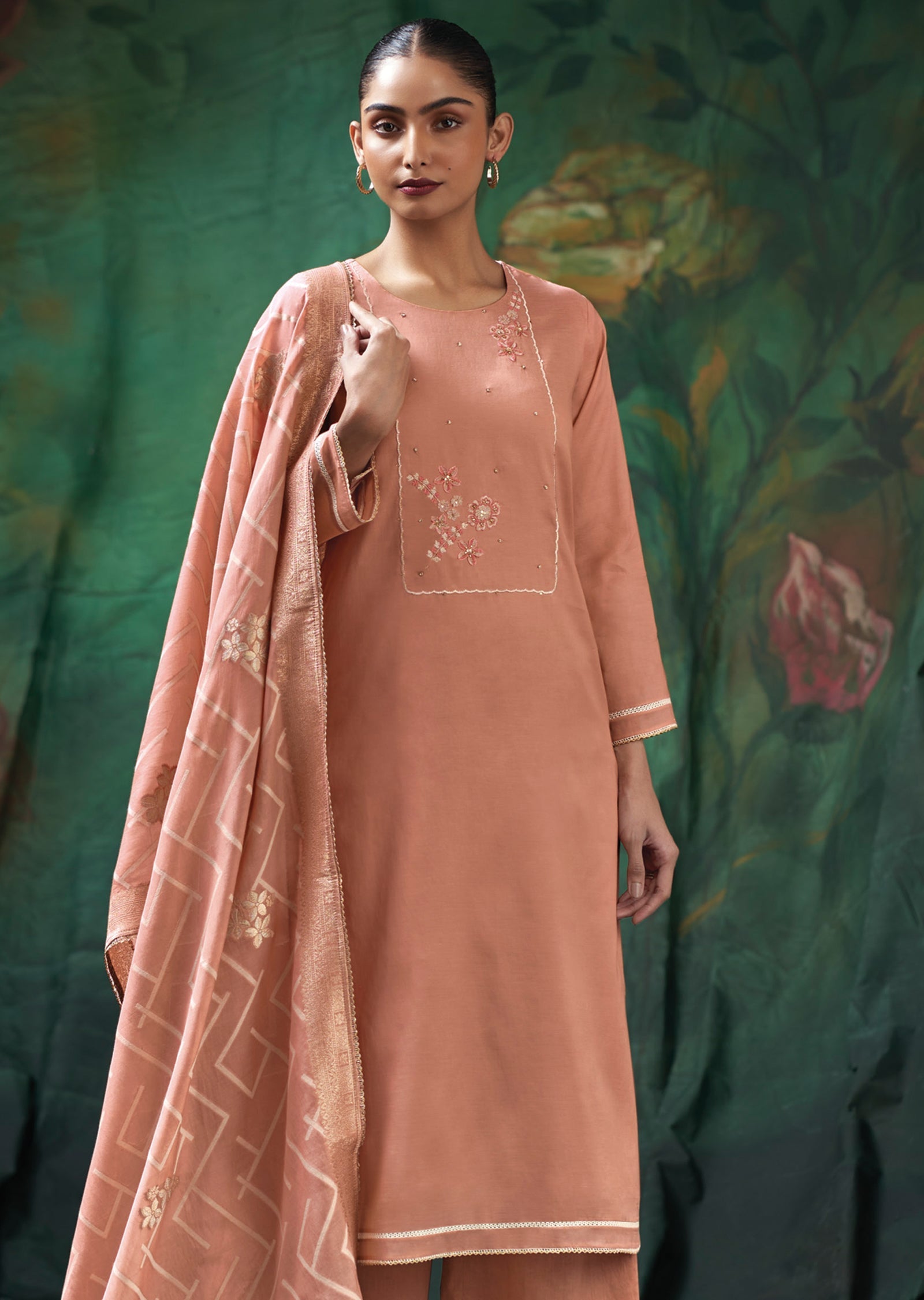Peach Mul Chanderi Straight cut suit