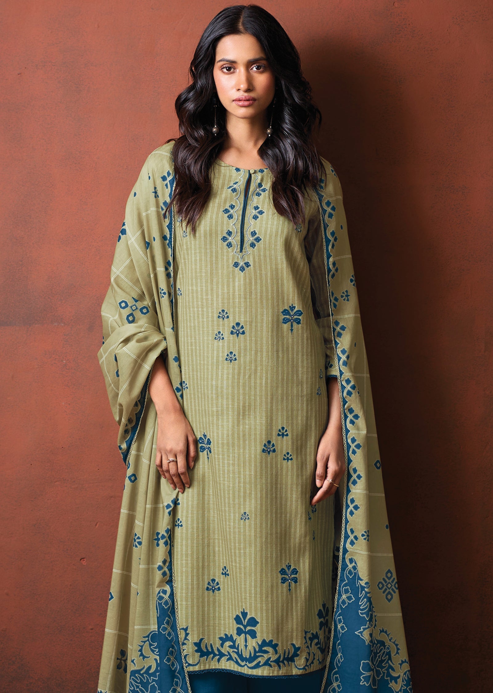 Green Cotton Straight cut suit