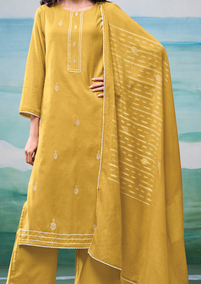 Mustard Mul Chanderi Straight cut suit