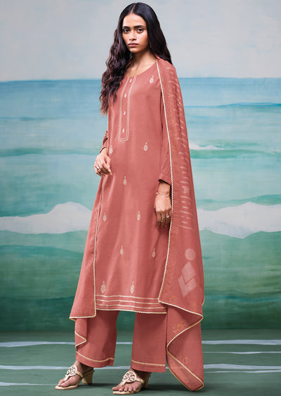 Peach Mul Chanderi Straight cut suit