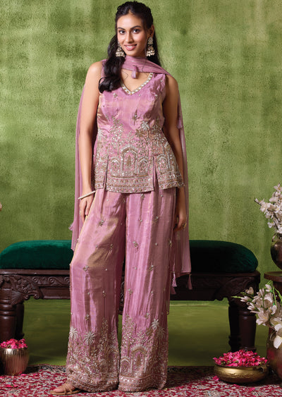 Onion Pink Tissue Sharara Set