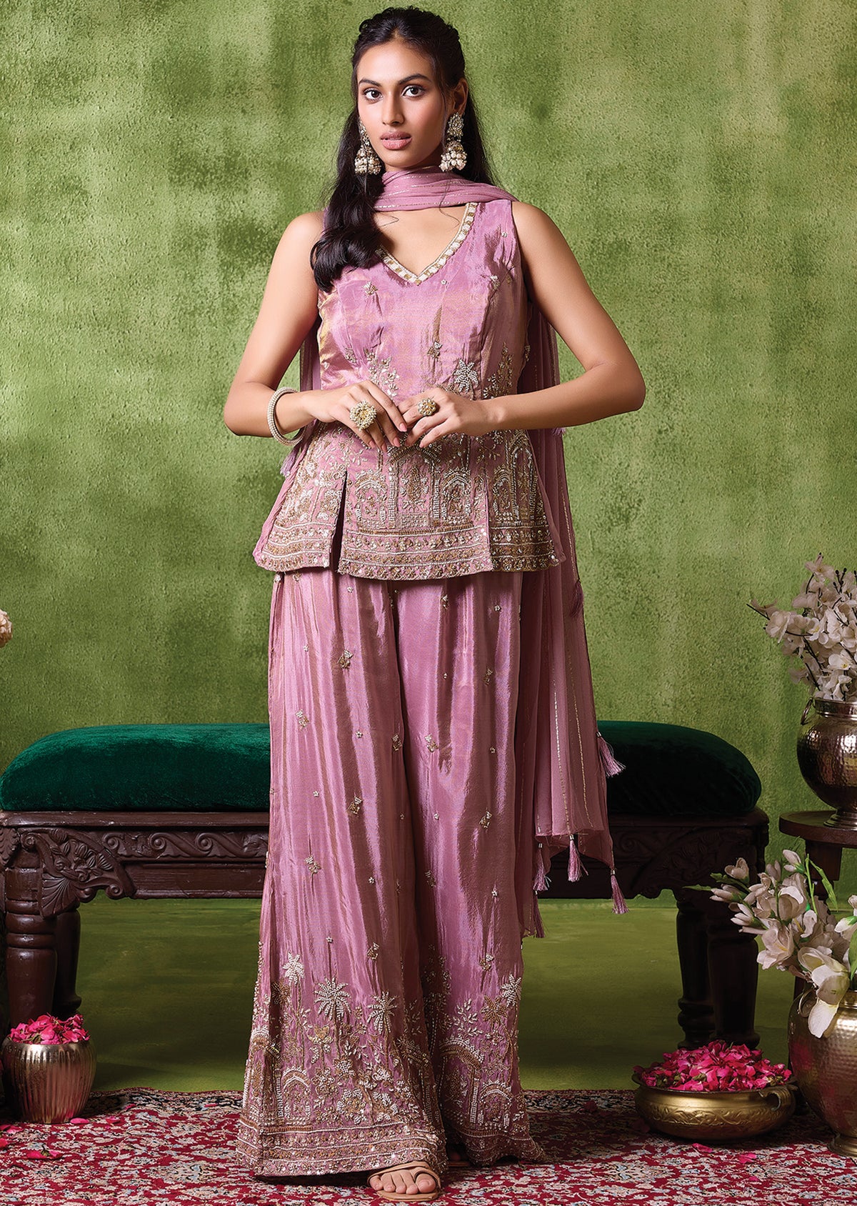 Onion Pink Tissue Sharara Set