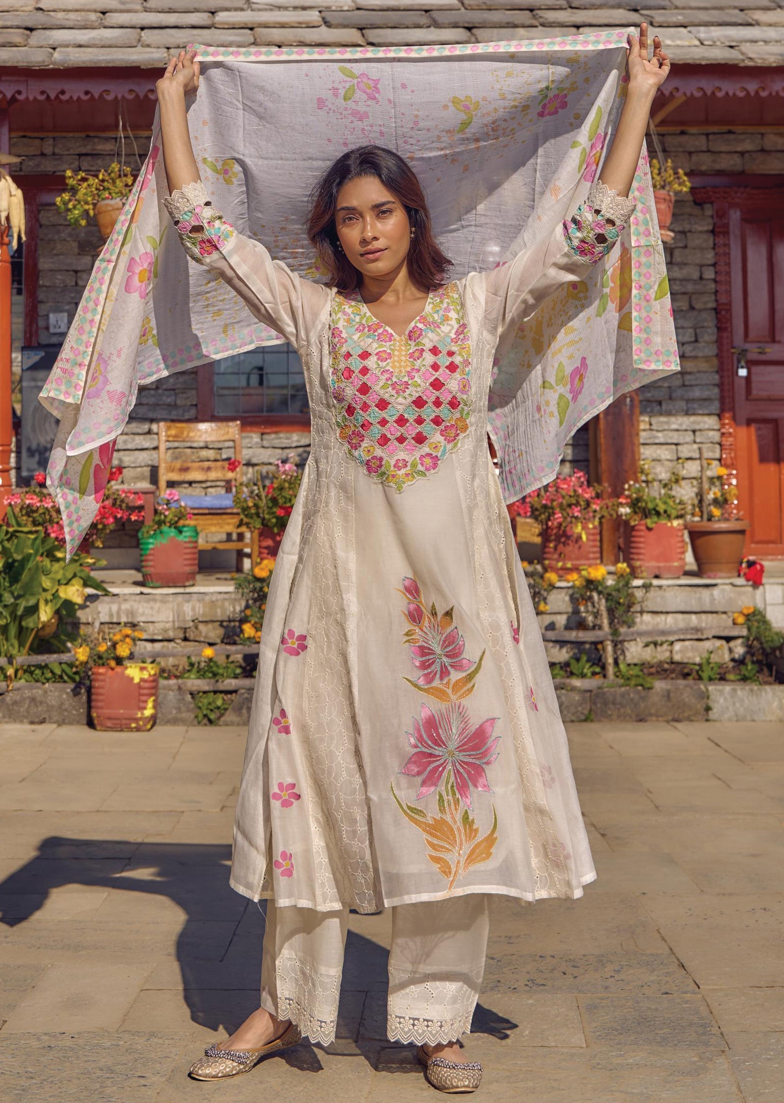 Light Yellow Cotton Anarkali Suit
