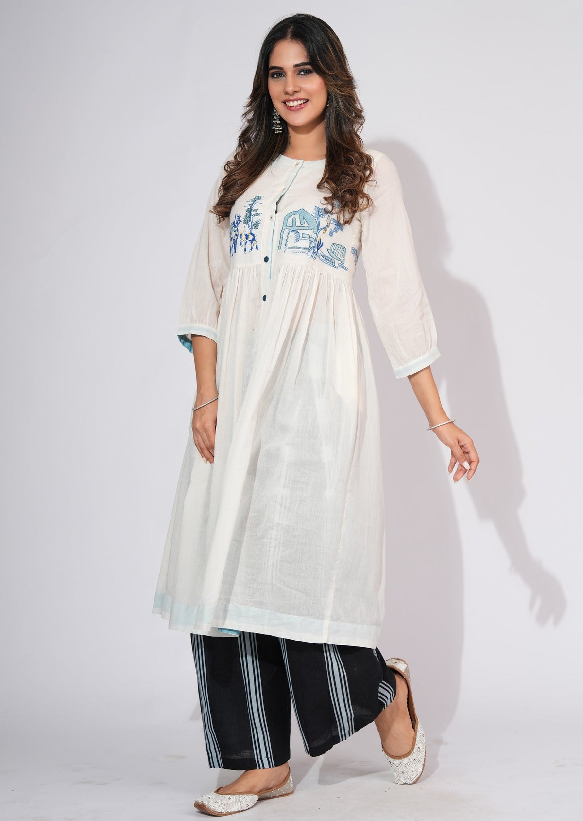 Off White Cotton Frock style kurti set