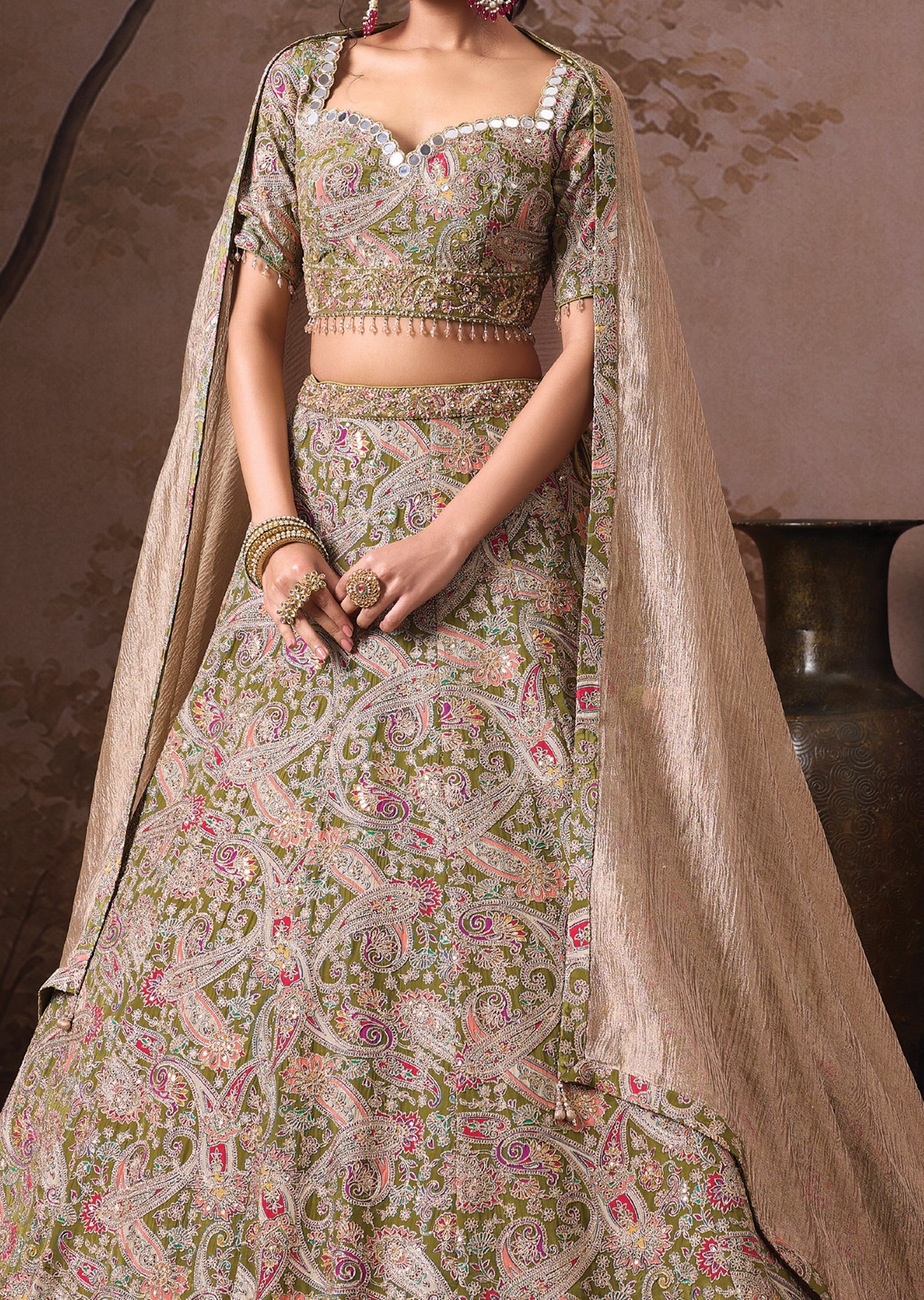 Mehndi Green Silk Lehenga set