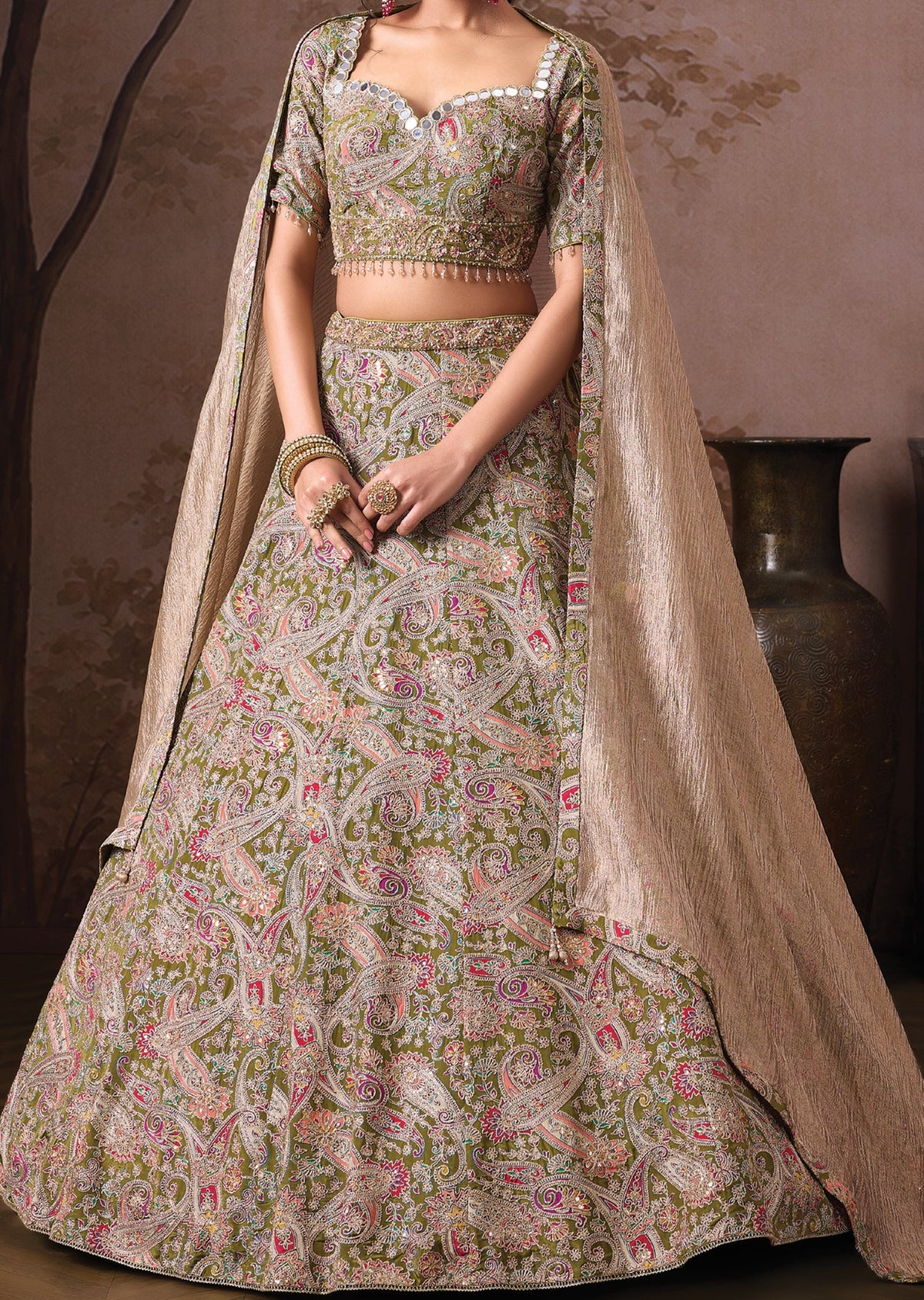 Mehndi Green Silk Lehenga set