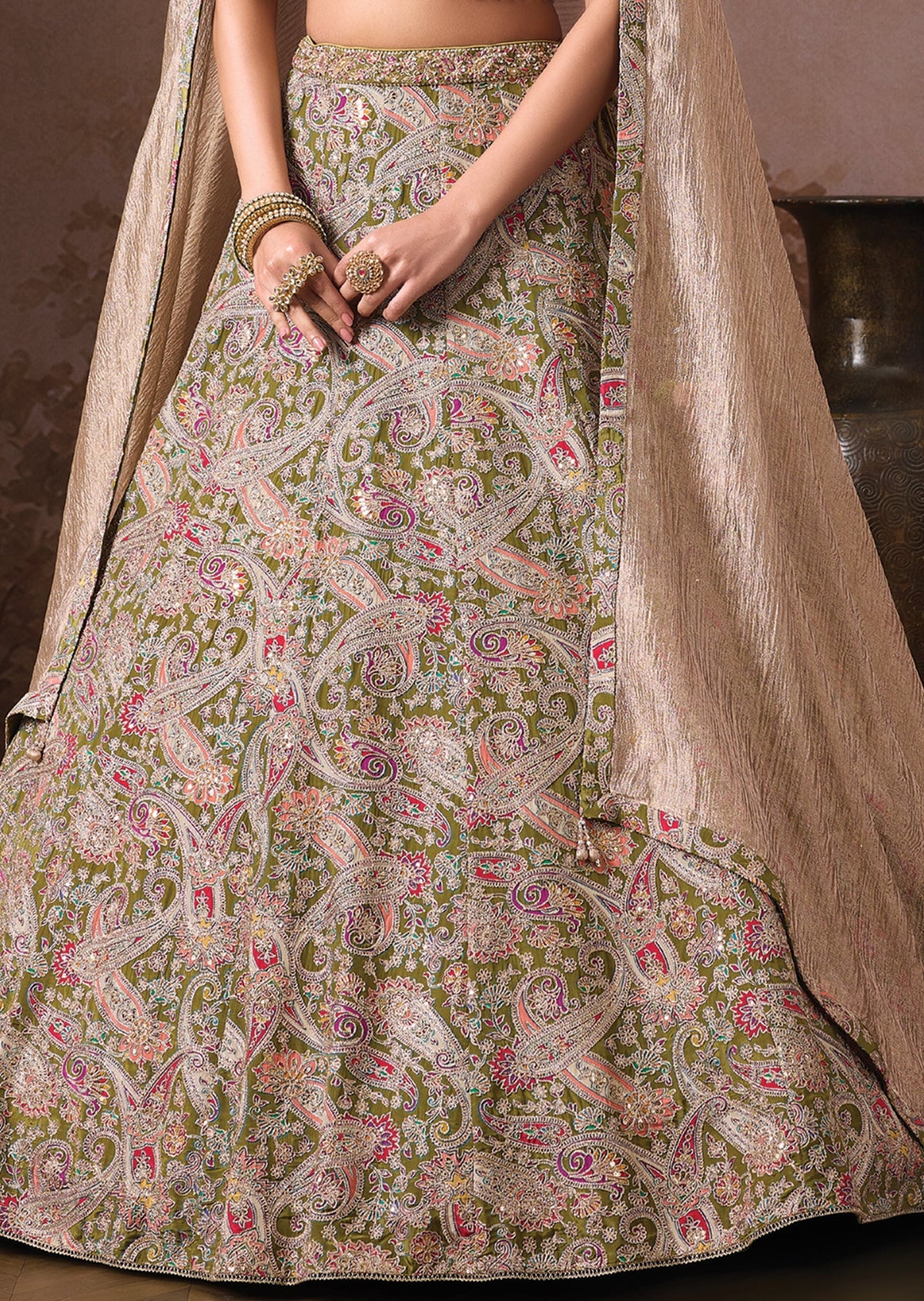 Mehndi Green Silk Lehenga set