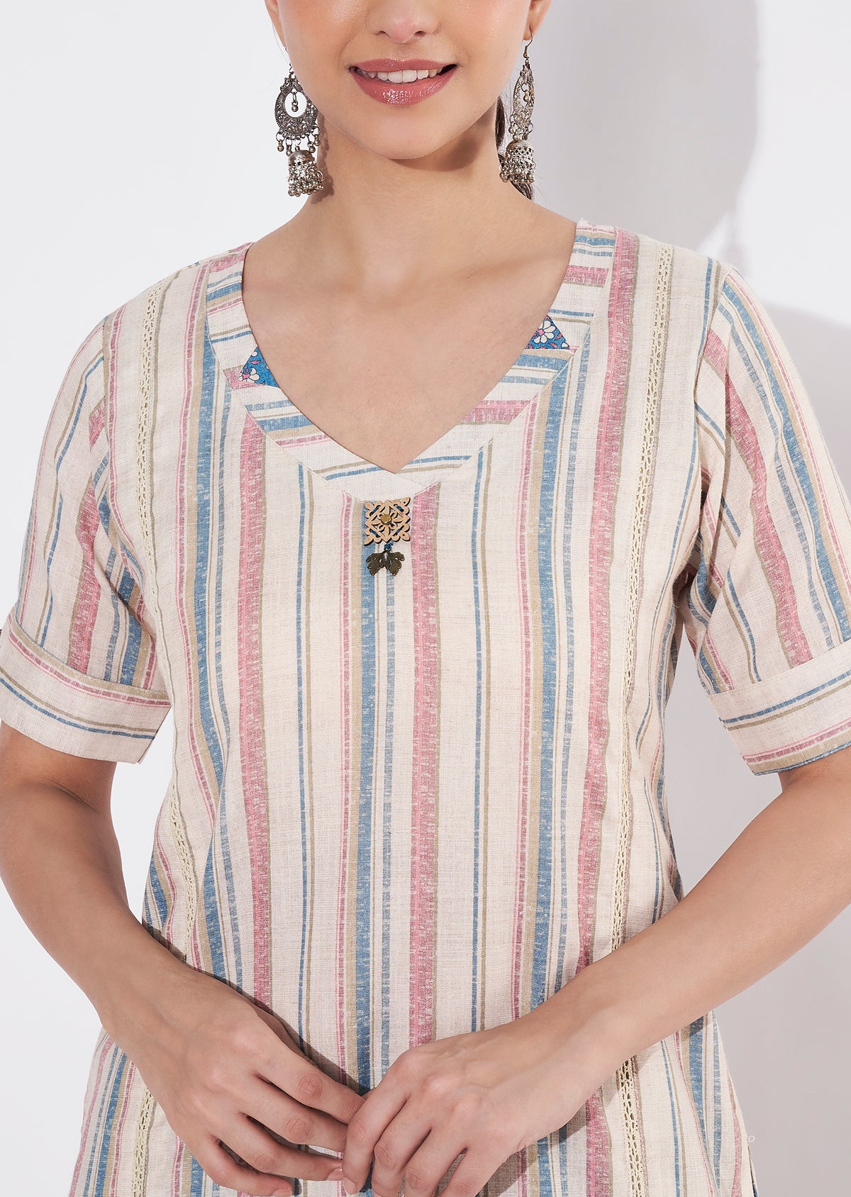 Beige Linen Cotton Straight cut Kurti set