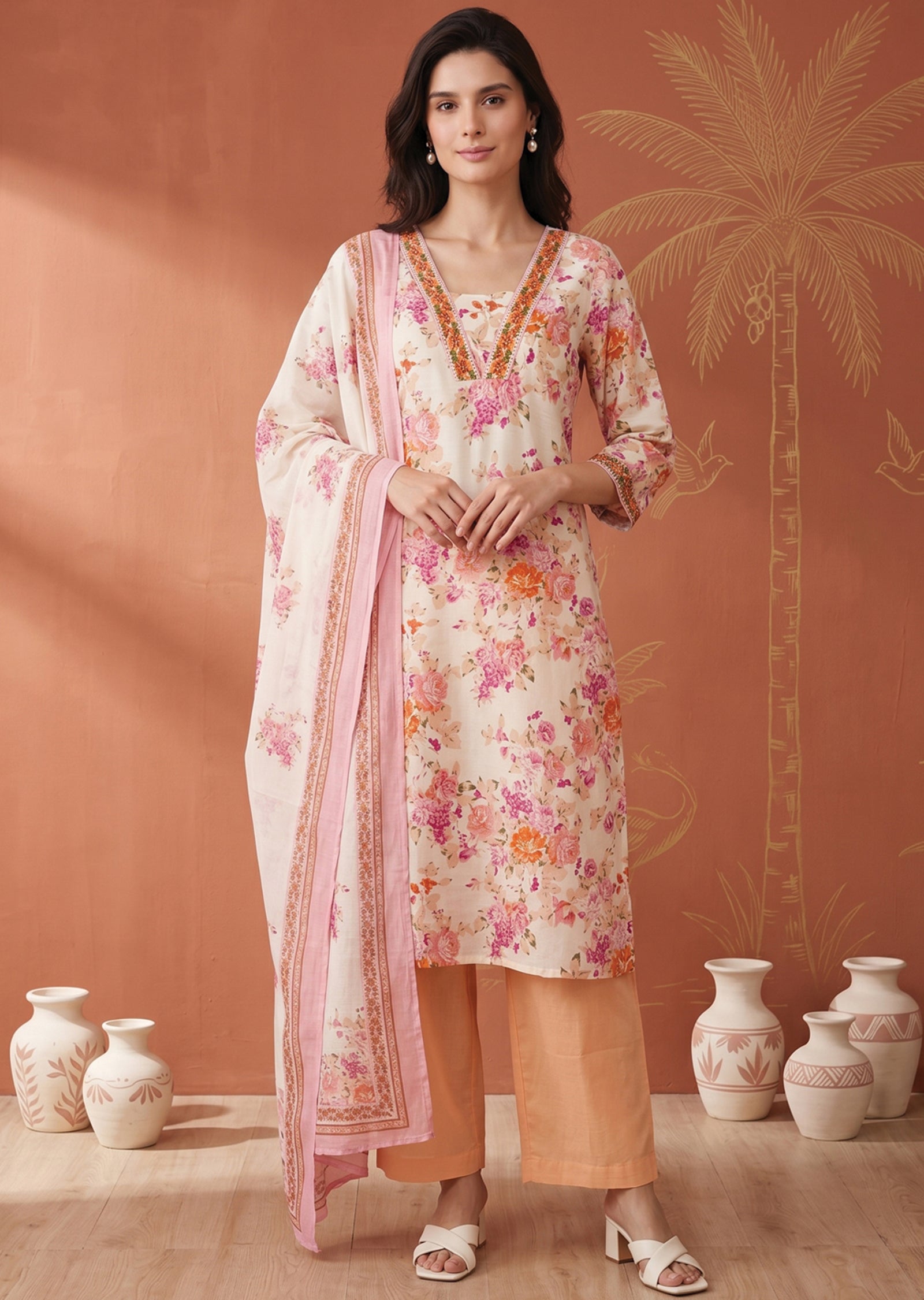 Light Pink Cotton Straight cut suit