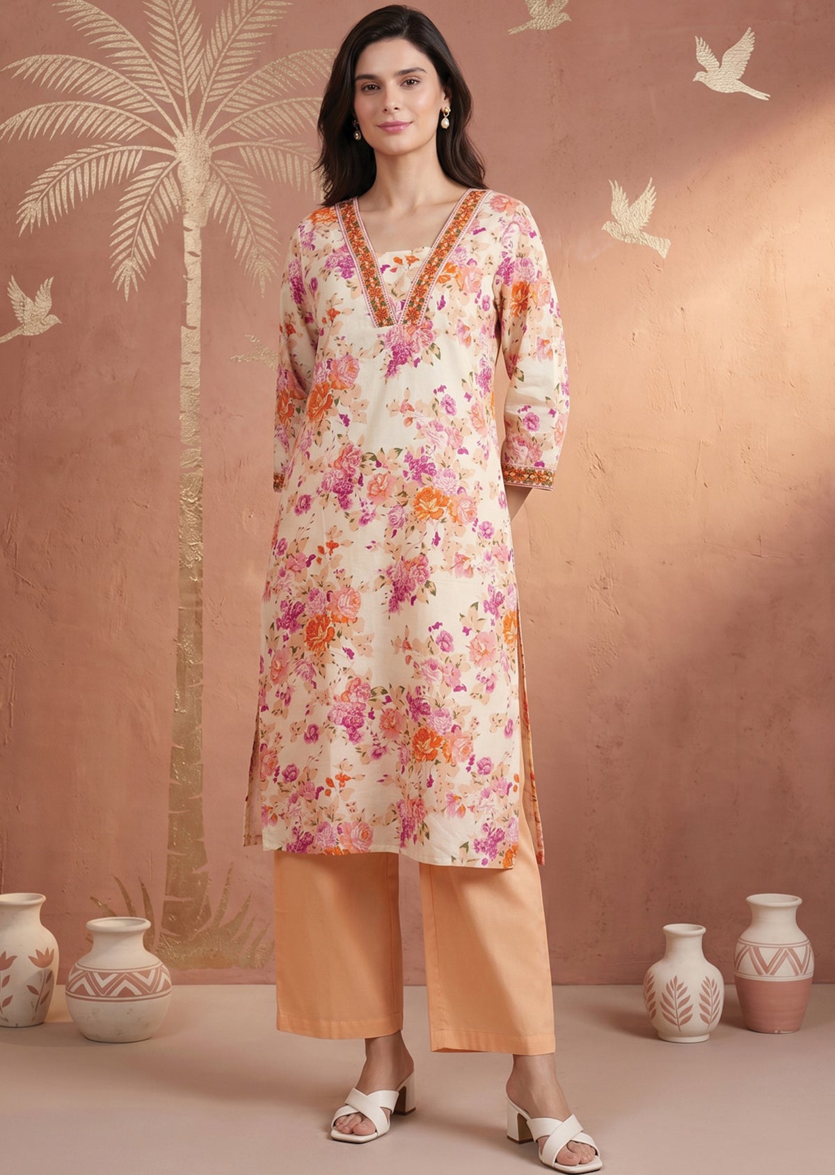 Light Pink Cotton Straight cut suit