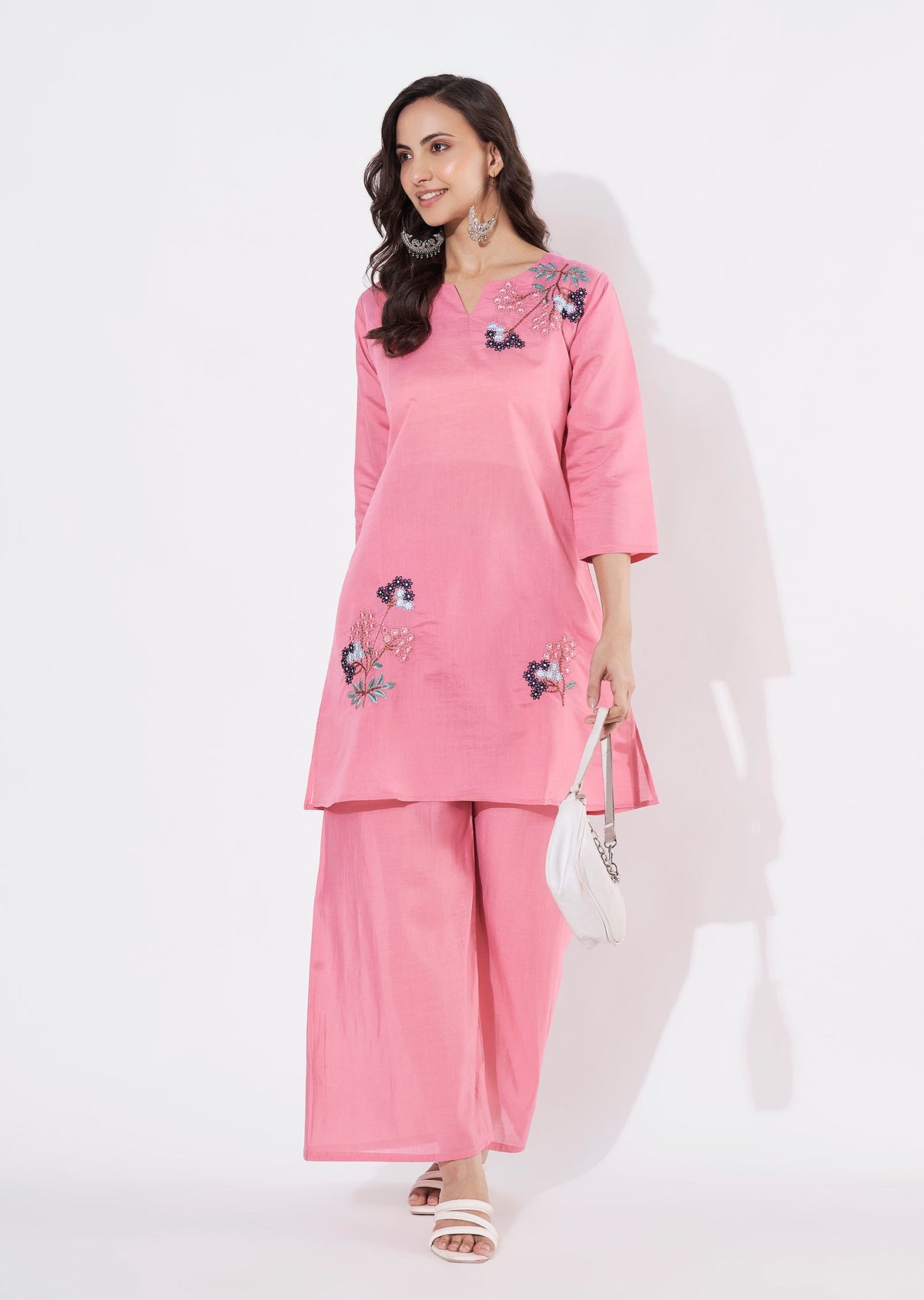 Dark Pink Russian Silk Straight cut Kurti set