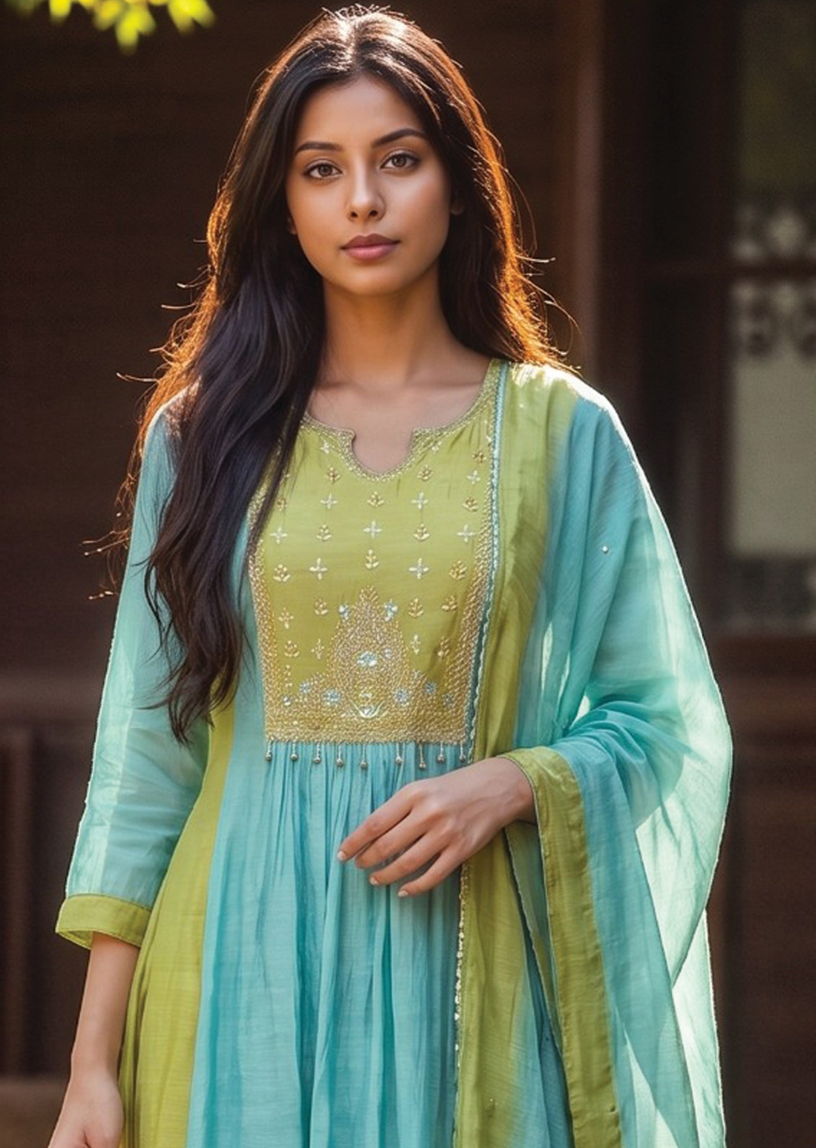 Sea Green Mul Chanderi Anarkali Suit