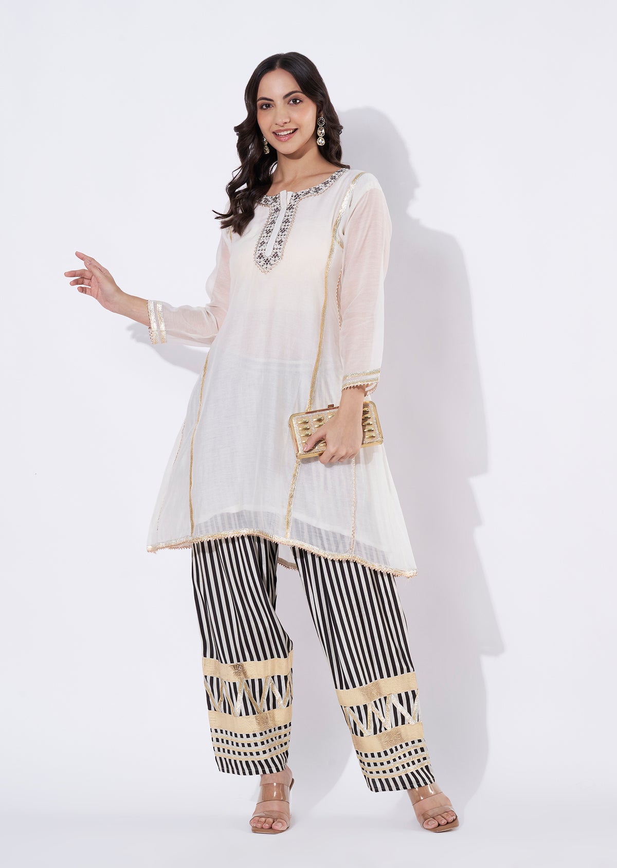 Cream Chanderi Straight cut Kurti set