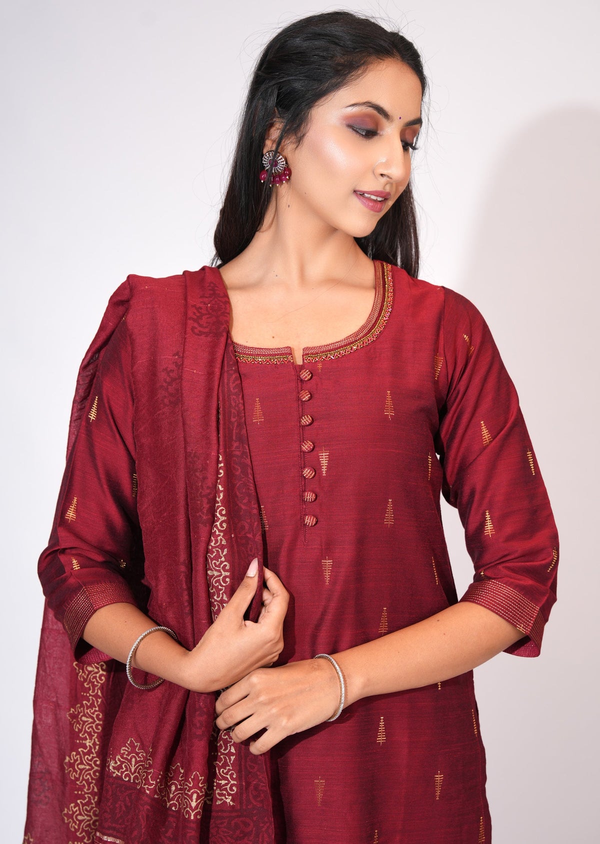 Maroon Silk Straight cut suit
