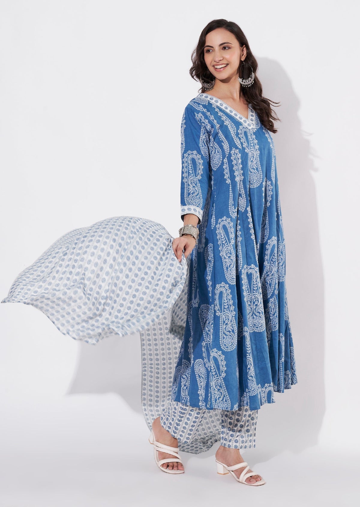 Blue Cotton Anarkali suit