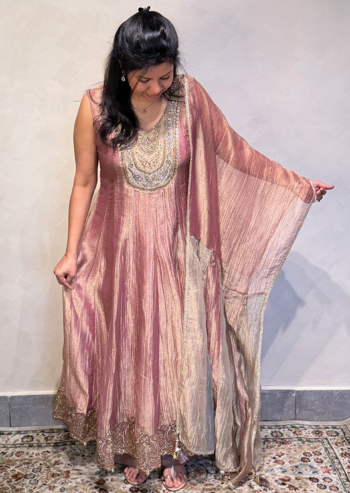 Onion Pink Tissue Anarkali Suit