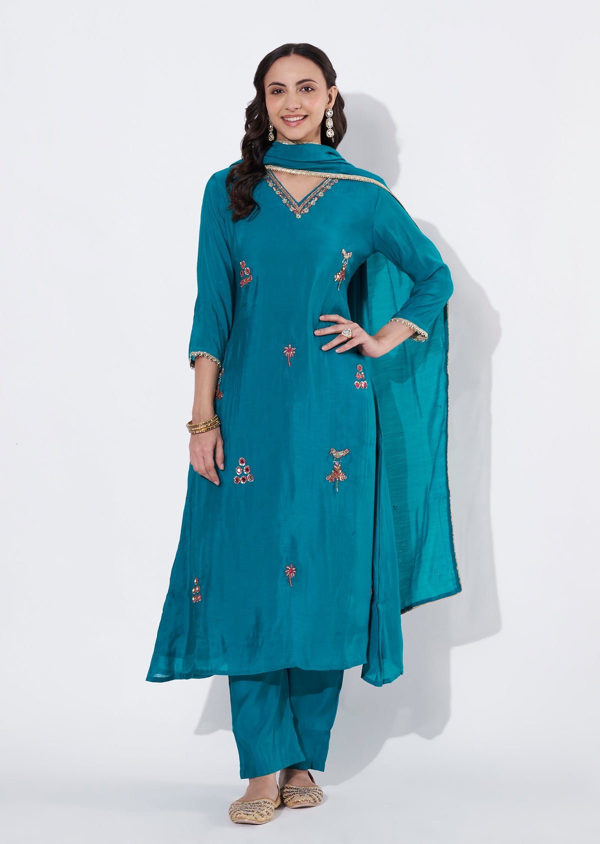 Rama Green Mul Chanderi Anarkali suit
